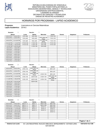 HORARIOS POR PROGRAMA - LAPSO ACADEMICO
Programa: Licenciatura en Ciencias Matemáticas
Lapso Academico: 2018-2
REPÚBLICA BOLIVARIANA DE VENEZUELA
MINISTERIO DEL PODER POPULAR PARA LA
EDUCACIÓN UNIVERSITARIA, CIENCIA Y TECNOLOGÍA
UNIVERSIDAD CENTROCCIDENTAL
"LISANDRO ALVARADO"
DECANATO DE CIENCIAS Y TECNOLOGIA
UNIDAD DE REGISTRO ACADEMICO
Lunes Miercoles Jueves ViernesMartesBloque ProfesoresAsignatura
Semestre: 1 Sección: 1
1033 L403 1116 K-1038.00.00 PM 1216 L4028.45.00 PM
1033 L403
1012 L404 Lab.
Dibujo
1116 K-1038.45.00 PM 1216 L4029.30.00 PM
1033 L403
1012 L404 Lab.
Dibujo
1116 K-1039.30.00 PM 1216 L40210.15.00 PM
1116 K-104 1216 L402 1714 K-10410.25.00 PM 1714 K-10311.10.00 PM
1116 K-104 1216 L402 1714 K-10411.10.00 PM 1714 K-10311.55.00 PM
1116 K-104 1216 L40211.55.00 PM 12.40.00 AM
1.00.00 PM 1.45.00 PM
1.45.00 PM 2.30.00 PM
2.30.00 PM 3.15.00 PM
3.25.00 PM 4.10.00 PM
4.10.00 PM 4.55.00 PM
4.55.00 PM 5.40.00 PM
6.00.00 PM 6.45.00 PM
6.45.00 PM 7.30.00 PM
7.30.00 PM 8.15.00 PM
Lunes Miercoles Jueves ViernesMartesBloque ProfesoresAsignatura
Semestre: 2 Sección: 1
2033 L404 Lab.
Dibujo
2053 L3018.00.00 PM 2725 L1038.45.00 PM
2033 L404 Lab.
Dibujo
2053 L3018.45.00 PM 2725 L1039.30.00 PM
2033 L404 Lab.
Dibujo
2125 K-104 2053 L3019.30.00 PM 2725 L10310.15.00 PM
2225 K-202 2125 K-104
2225 L404 Lab.
Dibujo
10.25.00 PM 2125 L10311.10.00 PM
2225 K-202 2125 K-104
2225 L404 Lab.
Dibujo
11.10.00 PM 2125 L10311.55.00 PM
2225 K-20211.55.00 PM 12.40.00 AM
1.00.00 PM 1.45.00 PM
1.45.00 PM 2.30.00 PM
2.30.00 PM 3.15.00 PM
3.25.00 PM 4.10.00 PM
4.10.00 PM 4.55.00 PM
4.55.00 PM 5.40.00 PM
6.00.00 PM 6.45.00 PM
6.45.00 PM 7.30.00 PM
7.30.00 PM 8.15.00 PM
Lunes Miercoles Jueves ViernesMartesBloque ProfesoresAsignatura
Semestre: 5 Sección: 1
5526 F-3 5625 K-209 5526 L4038.00.00 PM 5625 K-1118.45.00 PM
5526 F-3 5625 K-209 5526 L4038.45.00 PM 5625 K-1119.30.00 PM
5526 F-3 5315 F-3 5526 L4039.30.00 PM 5625 K-11110.15.00 PM
5415 F-3 5315 F-3 5415 F-310.25.00 PM 5315 K-11111.10.00 PM
5415 F-3 5315 F-3 5415 F-311.10.00 PM 5315 K-11111.55.00 PM
5415 F-311.55.00 PM 12.40.00 AM
1.00.00 PM 1.45.00 PM
1.45.00 PM 2.30.00 PM
2.30.00 PM 3.15.00 PM
3.25.00 PM 4.10.00 PM
19/07/2018 10.21 AM
Pagina 1 de 3
Sistema Cum Laude AV. LAS INDUSTRIAS. NUCLEO OBELISCO. BARQUISIMETO - ESTADO LARA.
02512591581
 