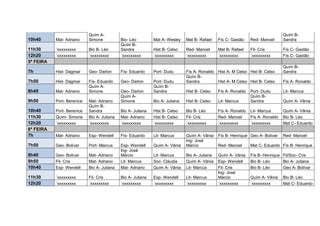 Quím A-                                                                                               Quím B-
10h40      Mat- Adriano     Simone           Bio- Léo         Mat A- Wesley    Mat B- Rafael    Fís C- Gastão    Red- Manoel      Sandra
                                             Quím B-
11h30      ´xxxxxxxxx       Bio B- Léo       Sandra           Hist B- Celso    Red- Manoel      Mat B- Rafael    Fil- Cris        Fís C- Gastão
12h20      ´xxxxxxxxx       ´xxxxxxxxx       ´xxxxxxxxx       ´xxxxxxxxx       ´xxxxxxxxx       ´xxxxxxxxx       ´xxxxxxxxx       Fís C- Gastão
5ª FEIRA
                                                                                                                                  Quím B-
7h         Hist- Dagmar     Geo- Darlon      Fís- Eduardo     Port- Dudu       Fís A- Ronaldo Hist A- M Celso Hist B- Celso       Sandra
                                                                               Quím B-
7h50       Hist- Dagmar     Fís- Eduardo     Geo- Darlon      Port- Dudu       Sandra         Hist A- M Celso Hist B- Celso       Fís A- Ronaldo
                            Quím A-                           Quím B-
8h40       Mat- Adriano     Simone           Geo- Darlon      Sandra           Hist B- Celso    Fís A- Ronaldo   Port- Dudu       Lit- Marcus
                                             Quím A-                                                             Quím B-
9h50       Port- Berenice   Mat- Adriano     Simone           Bio A- Juliana   Hist B- Celso    Lit- Marcus      Sandra           Quím A- Vânia
                            Quím B-
10h40      Port- Berenice   Sandra           Bio A- Juliana   Hist B- Celso    Bio B- Léo       Fís A- Ronaldo   Lit- Marcus      Quím A- Vânia
11h30      Quím- Simone     Bio A- Juliana   Mat- Adriano     Hist B- Celso    Fil- Cris        Red- Manoel      Fís A- Ronaldo   Bio B- Léo
12h20      ´xxxxxxxxx       ´xxxxxxxxx       ´xxxxxxxxx       ´xxxxxxxxx       ´xxxxxxxxx       ´xxxxxxxxx       ´xxxxxxxxx       Mat C- Eduardo
6ª FEIRA
7h         Mat- Adriano     Esp- Wendell     Fís- Eduardo     Lit- Marcus      Quím A- Vânia    Fís B- Henrique Geo A- Bolívar    Red- Manoel
                                                                               Ing- José
7h50       Geo- Bolívar     Port- Marcus     Esp- Wendell     Quím A- Vânia    Márcio           Red- Manoel      Mat C- Eduardo Fís B- Henrique
                                             Ing- José
8h40       Geo- Bolívar     Mat- Adriano     Márcio           Lit- Marcus      Bio A- Juliana   Quím A- Vânia    Fís B- Henrique Fil/Soc- Cris
9h50       Fil- Cris        Mat- Adriano     Lit- Marcus      Soc- Cláudia     Quím A- Vânia    Esp- Wendell     Bio B- Léo      Bio A- Juliana
10h40      Esp- Wendell     Bio A- Juliana   Mat- Adriano     Quím A- Vânia    Lit- Marcus      Fil- Cris        Bio B- Léo      Geo A- Bolívar
                                                                                                Ing- José
11h30      ´xxxxxxxxx       Fil- Cris        Bio A- Juliana   Esp- Wendell     Lit- Marcus      Márcio           Quím A- Vânia    Bio B- Léo
12h20      ´xxxxxxxxx       ´xxxxxxxxx       ´xxxxxxxxx       ´xxxxxxxxx       ´xxxxxxxxx       ´xxxxxxxxx       ´xxxxxxxxx       Mat C- Eduardo
 