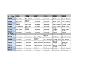 2ª FEIRA 1001             1002           2001             2002             3001             3002
13h50      Hist- Celso    Mat- Adriano   ´xxxxxxxxx       ´xxxxxxxxx       Bio A- Juliana   Geo B- Darlon
                          Quím A-
14h40      Hist- Celso    Simone         ´xxxxxxxxx       ´xxxxxxxxx       Bio A- Juliana   Geo B- Darlon
           Ed. Fís-
15h30      Wagner         Hist- Celso    ´xxxxxxxxx       ´xxxxxxxxx       Geo B- Darlon    Quím A- Vânia
16h40      Fís- Eduardo   Hist- Celso    ´xxxxxxxxx       ´xxxxxxxxx       Geo B- Darlon    Bio A- Juliana
                          Ed. Fís-                                         Mat C-
17h30      Geo- Darlon    Wagner         ´xxxxxxxxx       ´xxxxxxxxx       Eduardo          Bio A- Juliana
                                                                           Ed. Fís-         Ed. Fís-
18h20      ´xxxxxxxxx     ´xxxxxxxxx     ´xxxxxxxxx       ´xxxxxxxxx       Wagner           Wagner
4ª FEIRA
                                                          Quím B-
13h50      ´xxxxxxxxx     ´xxxxxxxxx     Mat C- Adriano   Sandra           Bio B- Léo       Quím A- Vânia
                                         Quím B-
14h40      ´xxxxxxxxx     ´xxxxxxxxx     Sandra          Fís B- Henrique Quím A- Vânia      Esp- Wendell
                                                                         Quím B-
15h30      ´xxxxxxxxx     ´xxxxxxxxx     Fís B- Henrique Soc- Cláudia    Sandra             Bio B- Léo
                                                                                            Quím B-
16h40      ´xxxxxxxxx     ´xxxxxxxxx     Geo A- Bolívar   Esp- Wendell     Quím A- Vânia    Sandra
                                                                           Quím B-
17h30      ´xxxxxxxxx     ´xxxxxxxxx     Fil- Cris        Mat C- Adriano   Sandra           Mat C- Eduardo
18h20      ´xxxxxxxxx     ´xxxxxxxxx     ´xxxxxxxxx       ´xxxxxxxxx       ´xxxxxxxxx       ´xxxxxxxxx
 