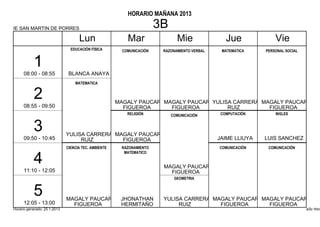 HORARIO MAÑANA 2013

IE SAN MARTIN DE PORRES                                                3B
                                    Lun                   Mar                 Mie                Jue             Vie
                                EDUCACIÓN FÍSICA        COMUNICACIÓN    RAZONAMIENTO VERBAL    MATEMATICA    PERSONAL SOCIAL


           1
      08:00 - 08:55            BLANCA ANAYA
                                  MATEMATICA


           2                                          MAGALY PAUCAR MAGALY PAUCAR YULISA CARRERA MAGALY PAUCAR
      08:55 - 09:50                                     FIGUEROA      FIGUEROA         RUIZ        FIGUEROA
                                                          RELIGIÓN          COMUNICACIÓN       COMPUTACIÓN       INGLES


           3                  YULISA CARRERA MAGALY PAUCAR
      09:50 - 10:45                RUIZ        FIGUEROA                                       JAIME LLIUYA   LUIS SANCHEZ
                              CIENCIA TEC. AMBIENTE    RAZONAMIENTO                           COMUNICACIÓN    COMUNICACIÓN
                                                        MATEMATICO

           4                                                            MAGALY PAUCAR
      11:10 - 12:05                                                       FIGUEROA
                                                                             GEOMETRIA


           5                  MAGALY PAUCAR            JHONATHAN        YULISA CARRERA MAGALY PAUCAR MAGALY PAUCAR
      12:05 - 13:00             FIGUEROA               HERMITAÑO             RUIZ        FIGUEROA      FIGUEROA
Horario generado: 25.1.2013                                                                                                    aSc Hora
 