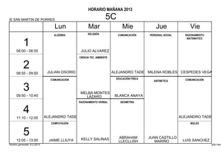 HORARIO MAÑANA 2013

IE SAN MARTIN DE PORRES                                          5C
                                  Lun               Mar                     Mie                Jue                Vie
                                 ALGEBRA            RELIGIÓN             COMUNICACIÓN      PERSONAL SOCIAL     RAZONAMIENTO
                                                                                                                MATEMATICO

           1
      08:00 - 08:55                            JULIO ALVAREZ
                                              CIENCIA TEC. AMBIENTE


           2                  JULIAN OSORIO                           ALEJANDRO TADEO MILENA ROBLES CESPEDES VEGA
      08:55 - 09:50
                               COMUNICACIÓN                             EDUCACIÓN FÍSICA                       COMUNICACIÓN
                                                                                             ARITMETICA


           3                                   MELBA MONTES
      09:50 - 10:45                              LÁZARO                BLANCA ANAYA
                                              RAZONAMIENTO VERBAL         GEOMETRIA


           4                 ALEJANDRO TADEO                                                                 ALEJANDRO TADEO
      11:10 - 12:05
                                COMPUTACIÓN                                                                       INGLES


           5                                   KELLY SALINAS             ABRAHAM           JUAN CASTILLO
      12:05 - 13:00            JAIME LLIUYA                              LLECLLISH            MARIÑO          LUIS SANCHEZ
Horario generado: 6.2.2013                                                                                                    aSc Hora
 