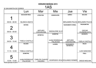HORARIO MAÑANA 2013

IE SAN MARTIN DE PORRES                                        1AS
                                  Lun              Mar                Mie              Jue                  Vie
                              EDUCACIÓN FÍSICA    LITERATURA      COMUNICACIÓN         QUÍMICA             BIOLOGÍA


           1
      08:00 - 08:55          BLANCA ANAYA                                        BENJAMIN PAUCARBENJAMIN PAUCAR
                                  HISTORIA                                       RAZONAMIENTO VERBAL     TRIGONOMETRIA


           2                                      ARTURO        MADALEINE ALVA                            OSCAR
      08:55 - 09:50                              COCHACHIN                                              EVANGELISTA
                                                                     GEOMETRIA                            GEOGRAFIA
                                                  ARITMETICA


           3                 YISELA CASTILLO                    JUAN RODRIGUEZ       ARTURO
      09:50 - 10:45                                                PALACIOS         COCHACHIN          YISELA CASTILLO
                                  RELIGIÓN                           ALGEBRA        RAZONAMIENTO            INGLES
                                                                                     MATEMATICO

           4
      11:10 - 12:05          YISELA CASTILLO                                                            LUIS SANCHEZ
                                GEOMETRIA                                                                    FÍSICA


           5                 JUAN RODRIGUEZ CARLOS CHAVEZ CESPEDES VEGA ROLANDO ROMERO
      12:05 - 13:00             PALACIOS       VALERIO                                 DIEGO MOLINA
Horario generado: 6.2.2013                                                                                               aSc Hora
 