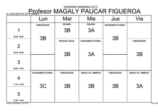 HORARIO MAÑANA 2013

IE SAN MARTIN DE PORRES
                         Profesor MAGALY PAUCAR FIGUEROA
                                  Lun                 Mar                  Mie                     Jue                   Vie
                                COMUNICACIÓN          RELIGIÓN             RELIGIÓN          RAZONAMIENTO VERBAL


            1                                          3B                   3A
        08:00 - 08:55
                                   3B              PERSONAL SOCIAL   RAZONAMIENTO VERBAL
                                                                                                   3B                 COMUNICACIÓN


            2
        08:55 - 09:50
                                                       3B                   3A                                            3B
            3
        09:50 - 10:45

                             RAZONAMIENTO VERBAL    COMUNICACIÓN     CIENCIA TEC. AMBIENTE      COMUNICACIÓN       CIENCIA TEC. AMBIENTE


            4
        11:10 - 12:05
                                   3C                  3B                   3B                     3B                     3A
            5
        12:05 - 13:00
Horario generado: 6.2.2013                                                                                                                 aSc Hora
 
