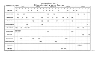 HORARIO MAÑANA 2013
IE SAN MARTIN DE PORRES                                                    El horario total de los profesores
                                            LUNES                            MARTES                           MIÉRCOLES                            JUEVES                           VIERNES
                              1        2      3   4         5    1         2   3    4        5    1         2     3   4         5    1        2      3    4         5   1         2    3    4        5

       JAIME LLIUYA          6C                             5C   5B           3C             5A   6B        4B   4A             6A                  3B             3A   4C

    ALEJANDRO TADEO               5B              5C                                                   5C             5B                                                     5B         5C

     MADALEINE ALVA               6A         6B        6C            1BS                6B            1AS        6A        6C            6B         6C        6A

      KELLY SALINAS                                                   4C                5C             5B                  5A            4A                   4B

  JHONATHAN HERMITAÑO                                  3B                               3A                                                                                                      3C

     YISELA CASTILLO         1BS           1AS     1AS 1BS                                                                                                                  1BS      1AS

                             PRE PRE
    ROLANDO ROMERO
                             UNI UNI                                                                  1BS                                                     1AS

      DIEGO MOLINA                                                                                                                                                                   1BS         1AS

    ARTURO COCHACHIN                       1BS                       1AS        1BS                                                               1AS

 CARLOS CHAVEZ VALERIO                                                             1AS                                 1BS

      FELIX CACERES                                                                                                                                                          PRE UNI

       JIMMY CALLE                                                                                                                   PRE UNI
Horario generado: 6.2.2013                                                                                                                                                                               aSc Horarios
 
