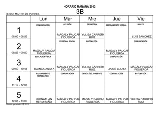 HORARIO MAÑANA 2013

IE SAN MARTIN DE PORRES                                             3B
                                  Lun                 Mar                  Mie                     Jue                 Vie
                               COMUNICACIÓN          RELIGIÓN             GEOMETRIA          RAZONAMIENTO VERBAL       INGLES


           1                                     MAGALY PAUCAR YULISA CARRERA
      08:00 - 08:55                                FIGUEROA         RUIZ                                           LUIS SANCHEZ
                                                  PERSONAL SOCIAL        MATEMATICA                                 COMUNICACIÓN


           2                 MAGALY PAUCAR                                                   MAGALY PAUCAR
      08:55 - 09:50            FIGUEROA                                                        FIGUEROA
                              EDUCACIÓN FÍSICA                                                  COMPUTACIÓN


           3                                     MAGALY PAUCAR YULISA CARRERA                                      MAGALY PAUCAR
      09:50 - 10:45          BLANCA ANAYA          FIGUEROA         RUIZ                       JAIME LLIUYA          FIGUEROA
                               RAZONAMIENTO        COMUNICACIÓN      CIENCIA TEC. AMBIENTE      COMUNICACIÓN         MATEMATICA
                                MATEMATICO

           4
      11:10 - 12:05



           5                  JHONATHAN          MAGALY PAUCAR MAGALY PAUCAR MAGALY PAUCAR YULISA CARRERA
      12:05 - 13:00           HERMITAÑO            FIGUEROA      FIGUEROA      FIGUEROA         RUIZ
Horario generado: 6.2.2013
 
