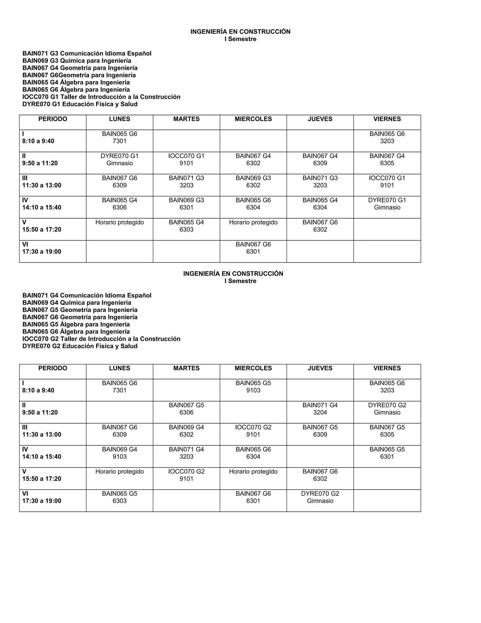 Horario primer semestre construccion 2019 PDF