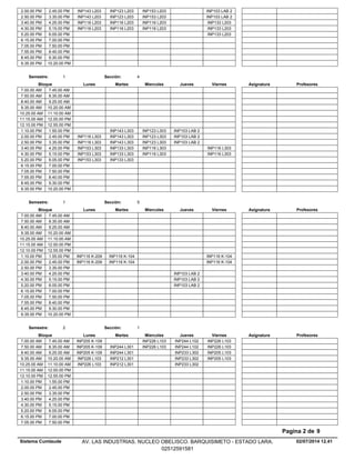 INP123 L203 INP153 L203 INP103 LAB 22.00.00 PM INP143 L2032.45.00 PM
INP123 L203 INP153 L203 INP103 LAB 22.50.00 PM INP143 L2033.35.00 PM
INP116 L203 INP116 L203 INP133 L2033.40.00 PM INP116 L2034.25.00 PM
INP116 L203 INP116 L203 INP133 L2034.30.00 PM INP116 L2035.15.00 PM
INP133 L2035.20.00 PM 6.05.00 PM
6.15.00 PM 7.00.00 PM
7.05.00 PM 7.50.00 PM
7.55.00 PM 8.40.00 PM
8.45.00 PM 9.30.00 PM
9.35.00 PM 10.20.00 PM
Lunes Miercoles Jueves ViernesMartesBloque ProfesoresAsignatura
Semestre: 1 Sección: 4
7.00.00 AM 7.45.00 AM
7.50.00 AM 8.35.00 AM
8.40.00 AM 9.25.00 AM
9.35.00 AM 10.20.00 AM
10.25.00 AM 11.10.00 AM
11.15.00 AM 12.00.00 PM
12.10.00 PM 12.55.00 PM
INP143 L303 INP123 L303 INP103 LAB 21.10.00 PM 1.55.00 PM
INP143 L303 INP123 L303 INP103 LAB 22.00.00 PM INP116 L3032.45.00 PM
INP143 L303 INP123 L303 INP103 LAB 22.50.00 PM INP116 L3033.35.00 PM
INP133 L303 INP116 L303 INP116 L3033.40.00 PM INP153 L3034.25.00 PM
INP133 L303 INP116 L303 INP116 L3034.30.00 PM INP153 L3035.15.00 PM
INP133 L3035.20.00 PM INP153 L3036.05.00 PM
6.15.00 PM 7.00.00 PM
7.05.00 PM 7.50.00 PM
7.55.00 PM 8.40.00 PM
8.45.00 PM 9.30.00 PM
9.35.00 PM 10.20.00 PM
Lunes Miercoles Jueves ViernesMartesBloque ProfesoresAsignatura
Semestre: 1 Sección: 5
7.00.00 AM 7.45.00 AM
7.50.00 AM 8.35.00 AM
8.40.00 AM 9.25.00 AM
9.35.00 AM 10.20.00 AM
10.25.00 AM 11.10.00 AM
11.15.00 AM 12.00.00 PM
12.10.00 PM 12.55.00 PM
INP116 K-104 INP116 K-1041.10.00 PM INP116 K-2091.55.00 PM
INP116 K-104 INP116 K-1042.00.00 PM INP116 K-2092.45.00 PM
2.50.00 PM 3.35.00 PM
INP103 LAB 23.40.00 PM 4.25.00 PM
INP103 LAB 24.30.00 PM 5.15.00 PM
INP103 LAB 25.20.00 PM 6.05.00 PM
6.15.00 PM 7.00.00 PM
7.05.00 PM 7.50.00 PM
7.55.00 PM 8.40.00 PM
8.45.00 PM 9.30.00 PM
9.35.00 PM 10.20.00 PM
Lunes Miercoles Jueves ViernesMartesBloque ProfesoresAsignatura
Semestre: 2 Sección: 1
INP226 L103 INP244 L102 INP226 L1037.00.00 AM INP205 K-1097.45.00 AM
INP244 L301 INP226 L103 INP244 L102 INP226 L1037.50.00 AM INP205 K-1098.35.00 AM
INP244 L301 INP233 L302 INP205 L1038.40.00 AM INP205 K-1099.25.00 AM
INP212 L301 INP233 L302 INP205 L1039.35.00 AM INP226 L10310.20.00 AM
INP212 L301 INP233 L30210.25.00 AM INP226 L10311.10.00 AM
11.15.00 AM 12.00.00 PM
12.10.00 PM 12.55.00 PM
1.10.00 PM 1.55.00 PM
2.00.00 PM 2.45.00 PM
2.50.00 PM 3.35.00 PM
3.40.00 PM 4.25.00 PM
4.30.00 PM 5.15.00 PM
5.20.00 PM 6.05.00 PM
6.15.00 PM 7.00.00 PM
7.05.00 PM 7.50.00 PM
02/07/2014 12.41
Pagina 2 de 9
Sistema Cumlaude AV. LAS INDUSTRIAS. NUCLEO OBELISCO. BARQUISIMETO - ESTADO LARA.
02512591581
 