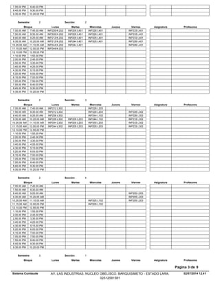7.55.00 PM 8.40.00 PM
8.45.00 PM 9.30.00 PM
9.35.00 PM 10.20.00 PM
Lunes Miercoles Jueves ViernesMartesBloque ProfesoresAsignatura
Semestre: 2 Sección: 2
INP205 L401 INP226 L401 INP233 L4017.00.00 AM INP226 K-2027.45.00 AM
INP205 L401 INP226 L401 INP233 L4017.50.00 AM INP226 K-2028.35.00 AM
INP205 L401 INP205 L401 INP233 L4018.40.00 AM INP212 K-2029.25.00 AM
INP244 L401 INP205 L401 INP226 L4019.35.00 AM INP212 K-20210.20.00 AM
INP244 L401 INP226 L40110.25.00 AM INP244 K-20211.10.00 AM
11.15.00 AM INP244 K-20212.00.00 PM
12.10.00 PM 12.55.00 PM
1.10.00 PM 1.55.00 PM
2.00.00 PM 2.45.00 PM
2.50.00 PM 3.35.00 PM
3.40.00 PM 4.25.00 PM
4.30.00 PM 5.15.00 PM
5.20.00 PM 6.05.00 PM
6.15.00 PM 7.00.00 PM
7.05.00 PM 7.50.00 PM
7.55.00 PM 8.40.00 PM
8.45.00 PM 9.30.00 PM
9.35.00 PM 10.20.00 PM
Lunes Miercoles Jueves ViernesMartesBloque ProfesoresAsignatura
Semestre: 2 Sección: 3
INP226 L2037.00.00 AM INP212 L3027.45.00 AM
INP226 L203 INP226 L3027.50.00 AM INP212 L3028.35.00 AM
INP244 L102 INP226 L3028.40.00 AM INP226 L3029.25.00 AM
INP205 L203 INP244 L102 INP233 L3029.35.00 AM INP226 L30210.20.00 AM
INP205 L203 INP205 L203 INP233 L30210.25.00 AM INP244 L30211.10.00 AM
INP205 L203 INP205 L203 INP233 L30211.15.00 AM INP244 L30212.00.00 PM
12.10.00 PM 12.55.00 PM
1.10.00 PM 1.55.00 PM
2.00.00 PM 2.45.00 PM
2.50.00 PM 3.35.00 PM
3.40.00 PM 4.25.00 PM
4.30.00 PM 5.15.00 PM
5.20.00 PM 6.05.00 PM
6.15.00 PM 7.00.00 PM
7.05.00 PM 7.50.00 PM
7.55.00 PM 8.40.00 PM
8.45.00 PM 9.30.00 PM
9.35.00 PM 10.20.00 PM
Lunes Miercoles Jueves ViernesMartesBloque ProfesoresAsignatura
Semestre: 2 Sección: 4
7.00.00 AM 7.45.00 AM
7.50.00 AM 8.35.00 AM
INP205 L2038.40.00 AM 9.25.00 AM
INP205 L2039.35.00 AM 10.20.00 AM
INP205 L102 INP205 L20310.25.00 AM 11.10.00 AM
INP205 L10211.15.00 AM 12.00.00 PM
12.10.00 PM 12.55.00 PM
1.10.00 PM 1.55.00 PM
2.00.00 PM 2.45.00 PM
2.50.00 PM 3.35.00 PM
3.40.00 PM 4.25.00 PM
4.30.00 PM 5.15.00 PM
5.20.00 PM 6.05.00 PM
6.15.00 PM 7.00.00 PM
7.05.00 PM 7.50.00 PM
7.55.00 PM 8.40.00 PM
8.45.00 PM 9.30.00 PM
9.35.00 PM 10.20.00 PM
Lunes Miercoles Jueves ViernesMartesBloque ProfesoresAsignatura
Semestre: 3 Sección: 1
02/07/2014 12.41
Pagina 3 de 9
Sistema Cumlaude AV. LAS INDUSTRIAS. NUCLEO OBELISCO. BARQUISIMETO - ESTADO LARA.
02512591581
 