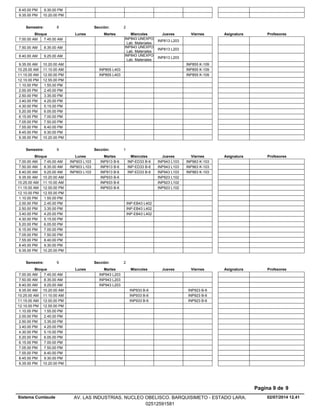8.45.00 PM 9.30.00 PM
9.35.00 PM 10.20.00 PM
Lunes Miercoles Jueves ViernesMartesBloque ProfesoresAsignatura
Semestre: 8 Sección: 2
INP843 UNEXPO
Lab. Materiales
INP813 L2037.00.00 AM 7.45.00 AM
INP843 UNEXPO
Lab. Materiales
INP813 L2037.50.00 AM 8.35.00 AM
INP843 UNEXPO
Lab. Materiales
INP813 L2038.40.00 AM 9.25.00 AM
INP855 K-1099.35.00 AM 10.20.00 AM
INP855 L403 INP855 K-10910.25.00 AM 11.10.00 AM
INP855 L403 INP855 K-10911.15.00 AM 12.00.00 PM
12.10.00 PM 12.55.00 PM
1.10.00 PM 1.55.00 PM
2.00.00 PM 2.45.00 PM
2.50.00 PM 3.35.00 PM
3.40.00 PM 4.25.00 PM
4.30.00 PM 5.15.00 PM
5.20.00 PM 6.05.00 PM
6.15.00 PM 7.00.00 PM
7.05.00 PM 7.50.00 PM
7.55.00 PM 8.40.00 PM
8.45.00 PM 9.30.00 PM
9.35.00 PM 10.20.00 PM
Lunes Miercoles Jueves ViernesMartesBloque ProfesoresAsignatura
Semestre: 9 Sección: 1
INP913 B-6 INP-ED33 B-6 INP943 L103 INP963 K-1037.00.00 AM INP903 L1037.45.00 AM
INP913 B-6 INP-ED33 B-6 INP943 L103 INP963 K-1037.50.00 AM INP903 L1038.35.00 AM
INP913 B-6 INP-ED33 B-6 INP943 L103 INP963 K-1038.40.00 AM INP903 L1039.25.00 AM
INP933 B-6 INP923 L1029.35.00 AM 10.20.00 AM
INP933 B-6 INP923 L10210.25.00 AM 11.10.00 AM
INP933 B-6 INP923 L10211.15.00 AM 12.00.00 PM
12.10.00 PM 12.55.00 PM
1.10.00 PM 1.55.00 PM
INP-EB43 L4022.00.00 PM 2.45.00 PM
INP-EB43 L4022.50.00 PM 3.35.00 PM
INP-EB43 L4023.40.00 PM 4.25.00 PM
4.30.00 PM 5.15.00 PM
5.20.00 PM 6.05.00 PM
6.15.00 PM 7.00.00 PM
7.05.00 PM 7.50.00 PM
7.55.00 PM 8.40.00 PM
8.45.00 PM 9.30.00 PM
9.35.00 PM 10.20.00 PM
Lunes Miercoles Jueves ViernesMartesBloque ProfesoresAsignatura
Semestre: 9 Sección: 2
INP943 L2037.00.00 AM 7.45.00 AM
INP943 L2037.50.00 AM 8.35.00 AM
INP943 L2038.40.00 AM 9.25.00 AM
INP933 B-6 INP923 B-69.35.00 AM 10.20.00 AM
INP933 B-6 INP923 B-610.25.00 AM 11.10.00 AM
INP933 B-6 INP923 B-611.15.00 AM 12.00.00 PM
12.10.00 PM 12.55.00 PM
1.10.00 PM 1.55.00 PM
2.00.00 PM 2.45.00 PM
2.50.00 PM 3.35.00 PM
3.40.00 PM 4.25.00 PM
4.30.00 PM 5.15.00 PM
5.20.00 PM 6.05.00 PM
6.15.00 PM 7.00.00 PM
7.05.00 PM 7.50.00 PM
7.55.00 PM 8.40.00 PM
8.45.00 PM 9.30.00 PM
9.35.00 PM 10.20.00 PM
02/07/2014 12.41
Pagina 9 de 9
Sistema Cumlaude AV. LAS INDUSTRIAS. NUCLEO OBELISCO. BARQUISIMETO - ESTADO LARA.
02512591581
 
