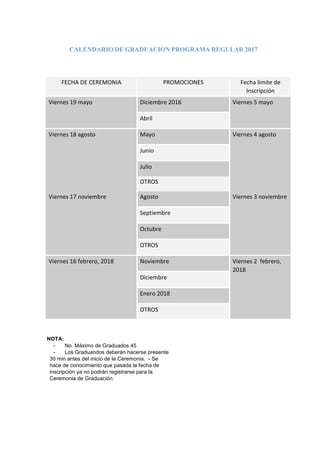 CALENDARIO DE GRADUACION PROGRAMA REGULAR 2017
FECHA DE CEREMONIA PROMOCIONES Fecha limite de
Inscripción
Viernes 19 mayo Diciembre 2016 Viernes 5 mayo
Abril
Viernes 18 agosto Mayo Viernes 4 agosto
Junio
Julio
OTROS
Viernes 17 noviembre Agosto Viernes 3 noviembre
Septiembre
Octubre
OTROS
Viernes 16 febrero, 2018 Noviembre Viernes 2 febrero,
2018
Diciembre
Enero 2018
OTROS
NOTA:
- No. Máximo de Graduados 45
- Los Graduandos deberán hacerse presente
30 min antes del inicio de la Ceremonia. - Se
hace de conocimiento que pasada la fecha de
inscripción ya no podrán registrarse para la
Ceremonia de Graduación.
 