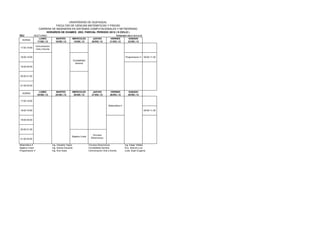 UNIVERSIDAD DE GUAYAQUIL
                                FACULTAD DE CIENCIAS MATEMATICAS Y FISICAS
                     CARRERA DE INGENIERIA EN SISTEMAS COMPUTACIONALES Y NETWORKING
                         HORARIOS DE EXAMES 2DO. PARCIAL PERIODO 2012 ( II CICLO )
S2J           NOCTURNO                                                                            PERIODO 2012 CICLO II
                 LUNES                MARTES         MIERCOLES              JUEVES          VIERNES        SABADO
  HORAS
                17/DIC./12            18/DIC./12      19/DIC./12           20/DIC./12       21/DIC./12     22/DIC./12

                  Comunicacion
17:00-18:00
                  Oral y Escrita


18:00-19:00                                                                                                Programacion II   09:00-11:30
                                                         Contabilidad
                                                          General
19:00-20:00



20:00-21:00



21:00-22:00

                    LUNES             MARTES         MIERCOLES              JUEVES          VIERNES           SABADO
  HORAS
                   24/DIC./12         25/DIC./12      26/DIC./12           27/DIC./12       28/DIC./12        29/DIC./12

17:00-18:00

                                                                                           Matemàtica II

18:00-19:00                                                                                                                  09:00-11:30



19:00-20:00



20:00-21:00

                                                                            Circuitos
                                                     Algebra Lineal
21:00-22:00                                                               Electronicos


Matemàtica II                      Ing. Oswaldo Yepez                   Circuitos Electronicos             Ing. Edgar Villalba
Algebra Lineal                     Ing. Santos Eduardo                  Contabilidad General               Eco. Asencio Luis
Programacion II                    Ing. Ruiz Isaac                      Comunicacion Oral y Escrita        Lcda. Espin Eugenia
 