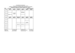 UNIVERSIDAD DE GUAYAQUIL
                                FACULTAD DE CIENCIAS MATEMATICAS Y FISICAS
                     CARRERA DE INGENIERIA EN SISTEMAS COMPUTACIONALES Y NETWORKING
                         HORARIOS DE EXAMES 2DO. PARCIAL PERIODO 2012 ( II CICLO )
S2K           NOCTURNO                                                                         PERIODO 2012 CICLO II
                 LUNES                MARTES         MIERCOLES           JUEVES          VIERNES        SABADO
  HORAS
                17/DIC./12            18/DIC./12      19/DIC./12        20/DIC./12       21/DIC./12     22/DIC./12

17:00-18:00
                                                                      Comunicacion
                                                                      Oral y Escrita
                                     Contabilidad
18:00-19:00
                                      General
                  Algebra Lineal

19:00-20:00

                    LUNES             MARTES         MIERCOLES           JUEVES          VIERNES           SABADO
  HORAS
                   24/DIC./12         25/DIC./12      26/DIC./12        27/DIC./12       28/DIC./12        29/DIC./12

17:00-18:00



18:00-19:00
                                                                                           Circuitos
                                                                                         Electronicos
19:00-20:00
                                                     Matemàtica II   Programacion II


20:00-21:00



21:00-22:00

Matemàtica II                      Ing. Eduardo Santos               Contabilidad General               Eco. Asencio Luis
Algebra Lineal                     Ing. Valencia Nelly               Comunicacion Oral y Escrita        Lcda. Villon Silvia
Programacion II                    Ing. Ochoa Angel                  Circuitos Electronicos             Ing. Garcia Jorge
 