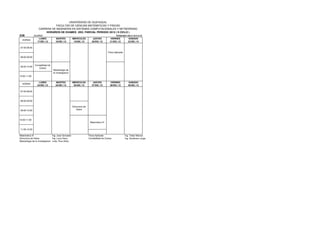 UNIVERSIDAD DE GUAYAQUIL
                             FACULTAD DE CIENCIAS MATEMATICAS Y FISICAS
                  CARRERA DE INGENIERIA EN SISTEMAS COMPUTACIONALES Y NETWORKING
                      HORARIOS DE EXAMES 2DO. PARCIAL PERIODO 2012 ( II CICLO )
S3B           DUIRNO                                                                           PERIODO 2012 CICLO II
                  LUNES           MARTES             MIERCOLES           JUEVES          VIERNES        SABADO
  HORAS
                17/DIC./12        18/DIC./12          19/DIC./12        20/DIC./12       21/DIC./12     22/DIC./12

07:00-08:00

                                                                                       Fisica Aplicada

08:00-09:00


              Contabilidad de
09:00-10:00
                 Costos
                                Metodologia de
                                la Investigacion
10:00-11:00

                  LUNES           MARTES             MIERCOLES           JUEVES          VIERNES            SABADO
  HORAS
                 24/DIC./12       25/DIC./12          26/DIC./12        27/DIC./12       28/DIC./12         29/DIC./12

07:00-08:00



08:00-09:00

                                                     Estructura de
09:00-10:00                                              Datos



10:00-11:00
                                                                      Matematica III


11:00-12:00

Matematica III                  Ing. Jose Gonzalez                   Fisica Aplicada                     Ing. Tobar Marcos
Estructura de Datos             Ing. Luna Harry                      Contabilidad de Costos              Ing. Zambrano Jorge
Metodologia de la Investigacion Lcda. Ruiz Alicia
 