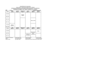 UNIVERSIDAD DE GUAYAQUIL
                              FACULTAD DE CIENCIAS MATEMATICAS Y FISICAS
                   CARRERA DE INGENIERIA EN SISTEMAS COMPUTACIONALES Y NETWORKING
                       HORARIOS DE EXAMES 2DO. PARCIAL PERIODO 2012 ( II CICLO )
N4A           DIURNO                                                                         PERIODO 2012 CICLO II
                  LUNES          MARTES          MIERCOLES            JUEVES           VIERNES        SABADO
  HORAS
                 17/DIC./12      18/DIC./12       19/DIC./12         20/DIC./12        21/DIC./12     22/DIC./12

07:00-08:00
                                                      Sistemas
                                                      Digitales
08:00-09:00



09:00-10:00

                                                                                    Bases de Datos

10:00-11:00



11:00-12:00      Sistemas
                 Operativos
12:00-12:30
                  LUNES          MARTES          MIERCOLES            JUEVES           VIERNES           SABADO
  HORAS
                 24/DIC./12      25/DIC./12       26/DIC./12         27/DIC./12        28/DIC./12        29/DIC./12

07:00-08:00
                                                                                                          Redes I
                                                                                     Mantenimiento
08:00-09:00                                                                            de Equi.
                                                                    Instalaciones     Electricos
                                                                     informaticas
09:00-10:00

Instalaciones Informaticas    Ing. Benavides David                Sistemas Operativos                 Ing. Anton Christian
Redes I                       Ing. Alvarado Eduardo               Sistemas Digitales                  Ing. Maridueña Milton
Bases de Datos                Ing. Burgos Freddy                  Mantenimiento de Equi. Electronicos Ing. Guijarro Alfonso
 