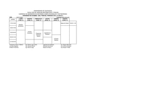 UNIVERSIDAD DE GUAYAQUIL
                             FACULTAD DE CIENCIAS MATEMATICAS Y FISICAS
                  CARRERA DE INGENIERIA EN SISTEMAS COMPUTACIONALES Y NETWORKING
                      HORARIOS DE EXAMES 2DO. PARCIAL PERIODO 2012 ( II CICLO )
S4K           NOCTURNO                                                                  PERIODO 2012 CICLO II
                 LUNES          MARTES         MIERCOLES         JUEVES           VIERNES        SABADO
  HORAS
                17/DIC./12      18/DIC./12      19/DIC./12      20/DIC./12        28/DIC./12     22/DIC./12

17:00-18:00                                                                                       Bases de Datos I 09:00-11:30
                 Metodos
                Numericos
18:00-19:00


                                 Analisis
19:00-20:00                                                    Ingenieria de
                                Financiero      Programac
                                                Orientad a       Software
                                                 Objetos
20:00-21:00
                                                                                      Circuitos
                                                                                      Digitales
21:00-22:00

Programac Orient a Objetos   Ing. Ramos Juan Carlos          Ingenieria de Software               Ing. Iñiguez Bernardo
Circuitos Digitales          Ing. Naranjo Wilmer             Metodos Numericos                    Ing. Octavio Hinojosa
Analisis Financiero          Ing. Alcivar Hugo               Bases de Datos I                     Ing. Burgos Freddy
 