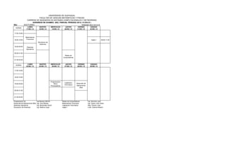 UNIVERSIDAD DE GUAYAQUIL
                           FACULTAD DE CIENCIAS MATEMATICAS Y FISICAS
                CARRERA DE INGENIERIA EN SISTEMAS COMPUTACIONALES Y NETWORKING
                     HORARIOS DE EXAMES 2DO. PARCIAL PERIODO 2012 ( II CICLO )
S6J           NOCTURNO                                             PERIODO 2012 CICLO II
                 LUNES              MARTES          MIERCOLES         JUEVES          VIERNES          SABADO
  HORAS
                17/DIC./12          18/DIC./12       19/DIC./12      20/DIC./12       21/DIC./12       22/DIC./12

17:00-18:00

               Matematicas
18:00-19:00     Financiera                                                                               Ingles I      08:00-11:00
                                  Simulacion de
                                    Sistemas
19:00-20:00     Sistemas
                Operativos

20:00-21:00
                                                                     Redes de
                                                                   Computadoras
21:00-22:00

                 LUNES              MARTES          MIERCOLES         JUEVES          VIERNES          SABADO
  HORAS
                24/DIC./12          25/DIC./12       26/DIC./12      27/DIC./12       28/DIC./12       29/DIC./12

17:00-18:00



18:00-19:00

                                                   Programacion
                                                                    Legislacion     Desarrollo de
19:00-20:00                                            Micro
                                                                    Informatica     Aplicaciones
                                                   Procesadores
                                                                                        Web
20:00-21:00



21:00-22:00

Programacion de                  Ing.Naranjo Wilmer               Redes de Computadoras             Ing. Sanchez Juan
Desarrollo de Aplicaciones Web   Ing. Vera Moises                 Matematicas Financiera            Ing. Castro Julio Cesar
Sistemas Operativos              Ing. Benavides David             Legislacion Informatica           Abg. Chavez Juan
Simulacion de Sistemas           Ing. Medina Jorge                Ingles I                          Lcda. Cabrera Beatriz
 