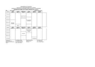 UNIVERSIDAD DE GUAYAQUIL
                           FACULTAD DE CIENCIAS MATEMATICAS Y FISICAS
                CARRERA DE INGENIERIA EN SISTEMAS COMPUTACIONALES Y NETWORKING
                     HORARIOS DE EXAMES 2DO. PARCIAL PERIODO 2012 ( II CICLO )
S7J           NOCTURNO                                             PERIODO 2012 CICLO II
                  LUNES          MARTES          MIERCOLES           JUEVES          VIERNES          SABADO
  HORAS
                 17/DIC./12      18/DIC./12       19/DIC./12        20/DIC./12       21/DIC./12       22/DIC./12

17:00-18:00



18:00-19:00                                     Moneda y Banca



19:00-20:00                                                      Sist. Operativos
                                                                   Distribuidos

20:00-21:00      Seguridad
                Informatica

21:00-22:00                       Ingles II

                  LUNES          MARTES          MIERCOLES           JUEVES          VIERNES          SABADO
  HORAS
                 24/DIC./12      25/DIC./12       26/DIC./12        27/DIC./12       28/DIC./12       29/DIC./12

18:00-19:00                                                       Administracion
                                                                   de Centro de
                                                                     Computo
19:00-20:00
                                                   Economia


20:00-21:00



21:00-22:00                                                                         Compiladores

Compiladores                  Ing. Soledispa George              Seguridad Informatica             Ing. Montes Carlos
Sistemas Operativos           Ing. Palacios Francisco            Moneda y Banca                    Eco. Freija Paola
Administracion de Centro de   Ing. Contreras Francisco           Economia                          Eco. Leonardo Villacis
Ingles II                     Lcda. Lucero Carmen
 