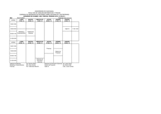 UNIVERSIDAD DE GUAYAQUIL
                           FACULTAD DE CIENCIAS MATEMATICAS Y FISICAS
                CARRERA DE INGENIERIA EN SISTEMAS COMPUTACIONALES Y NETWORKING
                     HORARIOS DE EXAMES 2DO. PARCIAL PERIODO 2012 ( II CICLO )
S8J           NOCTURNO                                             PERIODO 2012 CICLO II
                 LUNES            MARTES           MIERCOLES         JUEVES         VIERNES          SABADO
  HORAS
                17/DIC./12        18/DIC./12        19/DIC./12      20/DIC./12      21/DIC./12       22/DIC./12

18:00-19:00



19:00-20:00                                                                                           Ingles III   11:00-13:00

               Marketing y       Auditoria de
20:00-21:00   Emprendimiento      Sistemas



21:00-22:00

                 LUNES            MARTES           MIERCOLES         JUEVES         VIERNES          SABADO
  HORAS
                24/DIC./12        25/DIC./12        26/DIC./12      27/DIC./12      28/DIC./12       29/DIC./12

18:00-19:00

                                                                    Finanzas

19:00-20:00                                                                         Gestion de
                                                                                    Proyectos

20:00-21:00

                                                   Sistemas de
21:00-22:00                                        Informacion
                                                    Gerencial
Auditoria de Sistemas          Ing. Sanchez Mario                Sistemas de Informacion Gerencial Ing. Loaiza Xavier
Marketing y Emprendimiento     Eco. Cires Antonio                Gestion de Proyectos              Ing. Alarcon Abel
Finanzas                       Eco. Villacreses Mauricio         Ingles III                        Lcda. Lucero Carmen
 