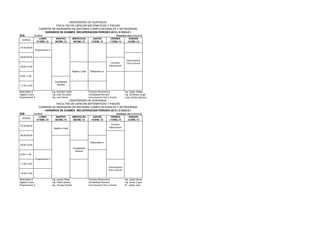 UNIVERSIDAD DE GUAYAQUIL
                             FACULTAD DE CIENCIAS MATEMATICAS Y FISICAS
                  CARRERA DE INGENIERIA EN SISTEMAS COMPUTACIONALES Y NETWORKING
                      HORARIOS DE EXAMES RECUPERACION PERIODO 2012 ( II CICLO )
S2A           DIURNO                                                                           PERIODO 2012 CICLO II
                  LUNES            MARTES              MIERCOLES         JUEVES            VIERNES      SABADO
  HORAS
                07/ENE./13        08/ENE./13           09/ENE./13       10/ENE./13        11/ENE./13   12/ENE./13

07:00-08:00
              Programacion II


08:00-09:00
                                                                                                           Comunicacion
                                                                                            Circuitos      Oral y Escrita
09:00-10:00                                                                               Electronicos

                                                   Algebra Lineal      Matemàtica II

10:00-11:00

                                  Contabilidad
11:00-12:00                        General


Matemàtica II                   Ing. Oswaldo Yepez                    Circuitos Electronicos              Ing. Edgar Villalba
Algebra Lineal                  Ing. Jose Gonzalez                    Contabilidad General                Ing. Zambrano Jorge
Programacion II                 Ing. Lara Hector                      Comunicacion Oral y Escrita         Lcda. Roldos Mariana
                                     UNIVERSIDAD DE GUAYAQUIL
                             FACULTAD DE CIENCIAS MATEMATICAS Y FISICAS
                  CARRERA DE INGENIERIA EN SISTEMAS COMPUTACIONALES Y NETWORKING
                      HORARIOS DE EXAMES RECUPERACION PERIODO 2012 ( II CICLO )
S2B           DIURNO                                                                           PERIODO 2012 CICLO II
                  LUNES            MARTES              MIERCOLES         JUEVES            VIERNES      SABADO
  HORAS
                07/ENE./13        08/ENE./13           09/ENE./13       10/ENE./13        11/ENE./13   12/ENE./13

                                                                                            Circuitos
07:00-08:00
                                 Algebra Lineal                                           Electronicos


08:00-09:00


                                                                       Matemàtica II
09:00-10:00
                                                       Contabilidad
                                                        General
10:00-11:00

              Programacion II

11:00-12:00
                                                                                         Comunicacion
                                                                                         Oral y Escrita
12:00-13:00

Matemàtica II                   Ing. Jacinto Rojas                    Circuitos Electronicos              Ing. Jorge Garcia
Algebra Lineal                  Ing. Patiño Darwin                    Contabilidad General                Ing. Grace Lopez
Programacion II                 Ing. Vizueta Vicente                  Comunicacion Oral y Escrita         Dr. Jupiter Jose
 