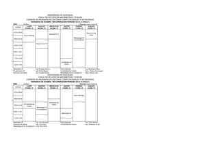 UNIVERSIDAD DE GUAYAQUIL
                             FACULTAD DE CIENCIAS MATEMATICAS Y FISICAS
                  CARRERA DE INGENIERIA EN SISTEMAS COMPUTACIONALES Y NETWORKING
                      HORARIOS DE EXAMES RECUPERACION PERIODO 2012 ( II CICLO )
S3A           DUIRNO                                                                            PERIODO 2012 CICLO II
                  LUNES              MARTES          MIERCOLES           JUEVES             VIERNES      SABADO
  HORAS
                07/ENE./13          08/ENE./13       09/ENE./13         10/ENE./13         11/ENE./13   12/ENE./13

07:00-08:00                                                                                                  Estructura de
                                                     Matematica III
               Fisica Aplicada                                                                                   Datos
                                                                                         Metodologia de
08:00-09:00
                                                                                         la Investigacion

                                 Programacion III
09:00-10:00



10:00-11:00



11:00-12:00

                                                                      Contabilidad de
12:00-13:00                                                              Costos


Matematica III                   Ing. Douglas Iturburu                Fisica Aplicada                       Ing. Maridueña Milton
Programacion III                 Ing. Molina Miguel                   Contabilidad de Costos                Econ. Patricia Dominguez
Estructura de Datos              Ing. Vizueta Vicente                 Metodologia de la Investigacion       Abg. Chavez Juan
                                     UNIVERSIDAD DE GUAYAQUIL
                             FACULTAD DE CIENCIAS MATEMATICAS Y FISICAS
                  CARRERA DE INGENIERIA EN SISTEMAS COMPUTACIONALES Y NETWORKING
                      HORARIOS DE EXAMES RECUPERACION PERIODO 2012 ( II CICLO )
S3B           DUIRNO                                                                            PERIODO 2012 CICLO II
                  LUNES              MARTES          MIERCOLES           JUEVES             VIERNES      SABADO
  HORAS
                07/ENE./13          08/ENE./13       09/ENE./13         10/ENE./13         11/ENE./13   12/ENE./13

07:00-08:00

                                                                                         Fisica Aplicada

08:00-09:00

                                                     Estructura de
              Contabilidad de                            Datos
09:00-10:00
                 Costos
                                  Metodologia de
                                  la Investigacion
10:00-11:00
                                                                       Matematica III


11:00-12:00

Matematica III                  Ing. Jose Gonzalez                    Fisica Aplicada                       Ing. Tobar Marcos
Estructura de Datos             Ing. Luna Harry                       Contabilidad de Costos                Ing. Zambrano Jorge
Metodologia de la Investigacion Lcda. Ruiz Alicia
 