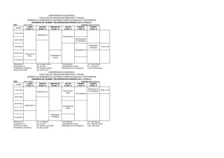 UNIVERSIDAD DE GUAYAQUIL
                              FACULTAD DE CIENCIAS MATEMATICAS Y FISICAS
                   CARRERA DE INGENIERIA EN SISTEMAS COMPUTACIONALES Y NETWORKING
                       HORARIOS DE EXAMES RECUPERACION PERIODO 2012 ( II CICLO )
S3J           NOCTURNO                                                                          PERIODO 2012 CICLO II
                  LUNES             MARTES           MIERCOLES           JUEVES             VIERNES      SABADO
  HORAS
                07/ENE./13         08/ENE./13        09/ENE./13         10/ENE./13         11/ENE./13   12/ENE./13

17:00-18:00
                                  Matematica III
                                                                       Fisica Aplicada
                                                                                         Metodologia de
18:00-19:00
                                                                                         la Investigacion

                                                                                                             Probabilidad y
19:00-20:00                                                                                                                    12:00-13:30
                                                                                                              Estadistica
                                                                                         Programacion III

20:00-21:00     Estructura de
                    Datos                           Contabilidad de
                                                       Costos
21:00-22:00

Matematica III                   Ing. Douglas Iturburu                Fisica Aplicada                       Ing. Tobar Marcos
Programacion III                 Ing. Luis Dier                       Contabilidad de Costos                Ec. Luis Asencio
Probabilidad y Estadistica       Ing. Rodriguez Walter                Metodologia de la Investigacion       Lcda. Chanaba Alexis
Estructura de Datos              Ing. Leoro Jimmy
                                      UNIVERSIDAD DE GUAYAQUIL
                              FACULTAD DE CIENCIAS MATEMATICAS Y FISICAS
                   CARRERA DE INGENIERIA EN SISTEMAS COMPUTACIONALES Y NETWORKING
                       HORARIOS DE EXAMES RECUPERACION PERIODO 2012 ( II CICLO )
S3K           NOCTURNO                                                                          PERIODO 2012 CICLO II
                  LUNES             MARTES           MIERCOLES           JUEVES             VIERNES      SABADO
  HORAS
                07/ENE./13         08/ENE./13        09/ENE./13         10/ENE./13         11/ENE./13   12/ENE./13

                                                                                                            Metodologia de
17:00-18:00                                                            Estructura de                                           09:00-11:00
                                 Programacion III                                                           la Investigacion
                                                                           Datos         Fisica Aplicada

18:00-19:00



19:00-20:00
                Matematica III                                        Contabilidad de
                                                                         Costos
20:00-21:00

                                                    Probabilidad y
21:00-22:00                                          Estadistica


Matematica III                   Ing. Luis Briones                    Fisica Aplicada                       Ing. Tobar Marcos
Programacion III                 Ing. Luis Dier                       Contabilidad de Costos                Eco. Leonardo Villacis
Estructura de Datos              Ing. Cedeño Juan Carlos              Metodologia de la Investigacion       Lcda. Villon Silvia
Probabilidad y Estadistica       Ing. Boris Argudo
 
