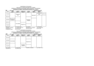UNIVERSIDAD DE GUAYAQUIL
                              FACULTAD DE CIENCIAS MATEMATICAS Y FISICAS
                   CARRERA DE INGENIERIA EN SISTEMAS COMPUTACIONALES Y NETWORKING
                       HORARIOS DE EXAMES RECUPERACION PERIODO 2012 ( II CICLO )
S3L           NOCTURNO                                                                             PERIODO 2012 CICLO II
                  LUNES              MARTES             MIERCOLES            JUEVES            VIERNES      SABADO
  HORAS
                07/ENE./13          08/ENE./13          09/ENE./13          10/ENE./13        11/ENE./13   12/ENE./13

                                                                                                              Contabilidad de
17:00-18:00                        Estructura de                                                                                08:00-10:00
                                                                                                                 Costos
                                       Datos                                                 Matematica III

18:00-19:00


              Metodologia de la
19:00-20:00                                                               Probabilidad y
               Investigacion
                                                                           Estadistica

20:00-21:00

                                   Fisica Aplicada
                                                     Programacion III
21:00-22:00

Matematica III                    Ing. Douglas Iturburu                  Fisica Aplicada                      Ing. Argudo Boris
Probabilidad y Estadistica        Ing. LopezDominguez Leyli              Metodologia de la Investigacion      Lcda. Chanaba Alexis
Programacion III                  Ing. Pazmiño Victor                    Estructura de Datos                  Ing. Ruiz Isaac
Contabilidad de Costos            Ing. Luna Cesar
                                      UNIVERSIDAD DE GUAYAQUIL
                              FACULTAD DE CIENCIAS MATEMATICAS Y FISICAS
                   CARRERA DE INGENIERIA EN SISTEMAS COMPUTACIONALES Y NETWORKING
                       HORARIOS DE EXAMES RECUPERACION PERIODO 2012 ( II CICLO )
S3M           NOCTURNO                                                                             PERIODO 2012 CICLO II
                  LUNES              MARTES             MIERCOLES            JUEVES            VIERNES      SABADO
  HORAS
                07/ENE./13          08/ENE./13          09/ENE./13          10/ENE./13        11/ENE./13   12/ENE./13

18:00-19:00



19:00-20:00
                Fisica Aplicada
                                                                         Programacion III

20:00-21:00

                                                        Probabilidad y
21:00-22:00                                              Estadistica


Fisica Aplicada                   Ing. Argudo Boris                      Probabilidad y Estadistica           Ing. Cevallos Lorenzo
Programacion III                  Ing. Pazmiño Victor
 