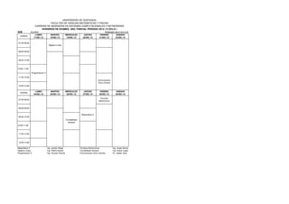 UNIVERSIDAD DE GUAYAQUIL
                              FACULTAD DE CIENCIAS MATEMATICAS Y FISICAS
                   CARRERA DE INGENIERIA EN SISTEMAS COMPUTACIONALES Y NETWORKING
                       HORARIOS DE EXAMES 2DO. PARCIAL PERIODO 2012 ( II CICLO )
S2B           DIURNO                                                                            PERIODO 2012 CICLO II
                  LUNES            MARTES              MIERCOLES          JUEVES          VIERNES        SABADO
  HORAS
                 17/DIC./12        18/DIC./12           19/DIC./12       20/DIC./12       21/DIC./12     22/DIC./12

07:00-08:00
                                 Algebra Lineal


08:00-09:00



09:00-10:00



10:00-11:00

              Programacion II

11:00-12:00
                                                                                         Comunicacion
                                                                                         Oral y Escrita
12:00-13:00

                   LUNES           MARTES              MIERCOLES          JUEVES          VIERNES            SABADO
  HORAS
                  24/DIC./12       25/DIC./12           26/DIC./12       27/DIC./12       28/DIC./12         29/DIC./12

                                                                                            Circuitos
07:00-08:00
                                                                                          Electronicos


08:00-09:00


                                                                       Matemàtica II
09:00-10:00
                                                       Contabilidad
                                                        General
10:00-11:00



11:00-12:00



12:00-13:00

Matemàtica II                   Ing. Jacinto Rojas                    Circuitos Electronicos              Ing. Jorge Garcia
Algebra Lineal                  Ing. Patiño Darwin                    Contabilidad General                Ing. Grace Lopez
Programacion II                 Ing. Vizueta Vicente                  Comunicacion Oral y Escrita         Dr. Jupiter Jose
 