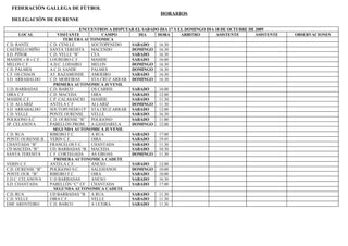 FEDERACIÒN GALLEGA DE FÙTBOL
                                                                  HORARIOS
  DELEGACIÒN DE OURENSE

                                  ENCUENTROS A DISPUTAR EL SABADO DIA 17 Y EL DOMINGO DIA 18 DE OCTUBRE DE 2009
      LOCAL             VISITANTE          CAMPO         DIA     HORA       ARBITRO       ASISTENTE        ASISTENTE   OBSERVACIONES
                           TERCERA AUTONOMICA
C.D. RANTE          C.D. CENLLE       SOUTOPENEDO     SABADO     16.30
CASTRELO MIÑO       SANTA TERESITA    MACENDO         DOMINGO 16.30
S.D. PIÑOR          C.D. VELLE “B”    CEA             SABADO     16.30
MASIDE « B » C.F.   LOUREIRO C.F.     MASIDE          SABADO     16.00
MELON C.F.          A.D.C. LODAIRO    MELON           DOMINGO 16.30
C.D. PALMES         A.C.D. SANDE      PALMES          DOMINGO 16.30
C.F. OS CHAOS       AT. RAZAMONDE     AMOEIRO         SABADO     16.30
S.D. ARRABALDO      C.D. MOREIRAS     STA.CRUZ.ARRAB. DOMINGO 16.30
                      PRIMERA AUTONOMICA JUVENIL
U.D. BARBADAS       C.D. BARCO        OS CARRIS       SABADO     16.00
OIRA C.F.           C.D. MACEDA       OIRA            SABADO     12.00
MASIDE C.F.         C.P. CALASANCIO   MASIDE          SABADO     11.30
C.D. ALLARIZ        ANTELA C.F.       ALLARIZ         DOMINGO 11.30
S.D. ARRABALDO      SOUTOPENEDO CF STA.CRUZ.ARRAB. SABADO        12.00
C.D. VELLE          PONTE OURENSE     VELLE           SABADO     16.30
POLIGONO S.C.       C.D. OURENSE “B” POLIGONO         SABADO     11.00
SP. CELANOVA        PABELLÓN PROM. A GANDARELA        DOMINGO 12.00
                      SEGUNDA AUTONOMICA JUVENIL
C.D. RUA            RIBEIRO F.C.      A RUA           SABADO     17.00
PONTE OURENSE B     VERIN C.F.        OIRA            SABADO     19.45
CHANTADA “B”        FRANCELOS F.C.    CHANTADA        SABADO     11.30
CD MACEDA “B”       UD. BARBADAS “B MACEDA            SABADO     10.30
SANTA TERESITA      C.F. CORTEGADA    AS EIROAS       DOMINGO 11.30
                      PRIMERA AUTONOMICA CADETE
VERIN C.F.          ANTELA C.F.       ANEXO           SABADO     12.00
C.D. OURENSE “B”    POLÍGONO S.C.     SALESIANOS      DOMINGO 10.00
PONTE OUR. “B”      RIBEIRO F.C.      OIRA            SABADO     10.00
E.D.C. CELANOVA     U.D BARBADAS      ANEXO           SABADO     16.30
S.D. CHANTADA       PABELLÓN “C” CF   CHANTADA        SABADO     17.00
                      SEGUNDA AUTONOMICA CADETE
C.D. RUA            UD BARBADAS “B    A RUA           SABADO     11.30
C.D. VELLE          OIRA C.F.         VELLE           SABADO     11.30
EMF ARENTEIRO       C.D. BARCO        A UCEIRA        SABADO     11.30
 