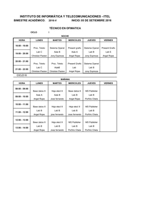 BIMESTRE ACADÉMICO: 2016-V
CICLO I
HORA LUNES MARTES MIERCOLES JUEVES VIERNES
Proc. Tetxto Sistema Operat Present grafic Sistema Operat Present Grafic
Lab C Aula B Aula A Lab B Lab E
Christian Pasten Jony Espinoza Angel Rojas Jony Espinoza Angel Rojas
Proc. Tetxto Proc. Tetxto Present Grafic Sistema Operat
Lab C AulaB Lab Lab B
Christian Pasten Christian Pasten Angel Rojas Jony Espinoza
CICLO III
HORA LUNES MARTES MIERCOLES JUEVES VIERNES
Base datos II Hoja elect II Base datos II MS Publisher
Aula A Aula B Lab B Lab B
Angel Rojas Jose fernando Angel Rojas Porfirio Chata
Base datos II Hoja elect II Hoja elect II MS Publisher
Lab B Lab B Lab B Lab B
Angel Rojas jose fernando Jose fernando Porfirio Chata
Base datos II Hoja elect II MS Publisher MS Publisher
Lab B Lab B Lab B Lab B
Angel Rojas Jose fernando Porfirio Chata Porfirio Chata
12:00 - 13:00
13:00 - 14:00
MAÑANA
08:00 - 09:00
09:00 - 10:00
10:00 - 11:00
11:00 - 12:00
19:00 - 20:00
20:00 - 21:00
21:00 - 22:00
INSTITUTO DE INFORMÁTICA Y TELECOMUNICACIONES - ITEL
TÉCNICO EN OFIMATICA
NOCHE
18:00 - 19:00
INICIO: 05 DE SETIEMBRE 2016
 