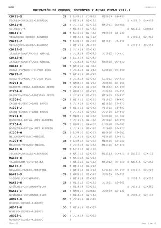 OEFIC 09/03/2017
UBICACIÓN DE CURSOS, DOCENTES Y AULAS CICLO 2017-1
CB411-G CB COPRES
G2-132
G4-403MI0809
G4-403FLORES-GONZALEZ-LEONARDO
LU0810
MI1416 MI0910
T
P S
CB411-H CB G2-132
G2-362
COPRESMA1011
COPRESDIONISIO-A
JU1012
MI1416 MA1112
T
P S
CB411-I CB G2-352
G2-122
G2-242VI0809
G2-242VELASQUEZ-ROMERO-ARMANDO
LU1012
MI1416 VI0910
T
P S
CB411-J CB G2-322
J2-232
J2-252MI1011
J2-252VELASQUEZ-ROMERO-ARMANDO
LU0810
MI1416 MI1112
T
P S
CC-FIC
CB412-G CB G2-242
G2-362 JU1012ZAPATA-SAMATA-JOSE MANUEL
JU1416
JU1618
T
P S
CC-FIC
CB412-H CB G2-242
G2-352 MA0810ZAPATA-SAMATA-JOSE MANUEL
LU1416
JU1618
T
P S
CC-FIC
CB412-I CB G2-362
G2-242 LU0810ROJAS-YUPANQUI-VICTOR POOL
MA1012
JU1618
T
P S
CC-FIC
CB412-J CB G2-242
G2-252 LU1012ROJAS-YUPANQUI-VICTOR POOL
MA1416
JU1618
T
P S
LF-FIC
FI204-G CB G2-262
G2-222
G2-152JU0810
VI1012BASURTO-PINAO-LADISLAO JESUS
MA0810
JU1416
T
P S
LF-FIC
FI204-H CB G2-262
G2-222
G2-152JU0810
MI1618BASURTO-PINAO-LADISLAO JESUS
MA0810
JU1416
T
P S
LF-FIC
FI204-I CB G2-252
G2-352
G4-403VI1012
MI1820CACHI-EUGENIO-DANE BRUCE
MI1012
JU1416
T
P S
LF-FIC
FI204-J CB G2-252
G2-352
G4-403VI1012
JU1416CACHI-EUGENIO-DANE BRUCE
MI1012
JU1416
T
P S
LF-FIC
FI204-K CB G4-402
G2-362
G2-362LU0810
JU1012MOSQUERA-LEIVA-LUIS ALBERTO
MI0810
JU1416
T
P S
LF-FIC
FI204-L CB G4-402
G2-362
G2-362LU0810
JU1618MOSQUERA-LEIVA-LUIS ALBERTO
MI0810
JU1416
T
P S
LF-FIC
FI204-M CB G2-202
G2-262
G2-262MI0810
VI0810MELCHOR-VIVANCO-MIGUEL
LU0810
JU1416
T
P S
LF-FIC
FI204-N CB G2-202
G2-262
G2-262MI0810
MI1416MELCHOR-VIVANCO-MIGUEL
LU0810
JU1416
T
P S
CC-FIC
MA195-G CB G2-122
G2-272 MI1113 G2-132FLORES-GONZALEZ-LEONARDO
LU1012
MA1012 LU1213
T
P S
CC-FIC
MA195-H CB G2-252
G2-122 MA1012 G2-252VALDERRAMA-SOTO-ERIKA
MA1315
MA1012 MA1516
T
P S
CC-FIC
MA195-I CB G2-222
G2-262 LU1416 G2-222NAVARRO-FLORES-CRISTINA
MI1012
MA1012 MI1213
T
P S
MA611-G CB G2-362
G2-362
G2-252JU0809
G2-252POZO-VILCHEZ-MANUEL
MA0810
MI1618 JU0910
T
P S
MA611-H CB G2-152
G2-252
G2-362JU1011
G2-362QUIÑONEZ-CUYUBAMBA-FLOR
MI1012
MI1618 JU1112
T
P S
MA611-I CB COPRES
G2-142
G2-132JU0809
G2-132QUIÑONEZ-CUYUBAMBA-FLOR
MA0810
MI1618 JU0910
T
P S
AHD23-G CO G2-322
MORENO-EGUREN-ALBERTO
JU1416T
P S
AHD23-H CO G2-302
MORENO-EGUREN-ALBERTO
MI1416T
P S
AHD23-I CO G2-322
MORENO-EGUREN-ALBERTO
JU1618T
P S
11:45:47 Pag. 3 de 11
 