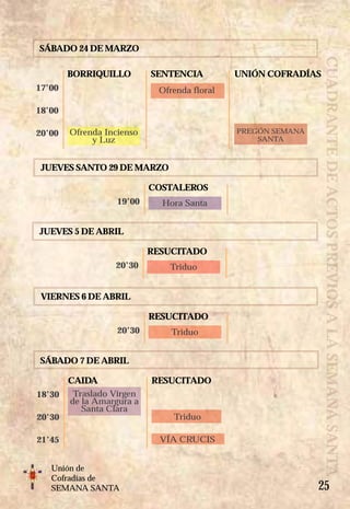 25
Unión de
Cofradías de
SEMANA SANTA
CUADRANTEDEACTOSPREVIOSALASEMANASANTA
SÁBADO 24 DE MARZO
SÁBADO 7 DE ABRIL
BORRIQUILLO
CAIDA
SENTENCIA
RESUCITADO
UNIÓN COFRADÍAS
17’00
18’00
20’00
18’30
20’30
21’45
Ofrenda Incienso
y Luz
Traslado Virgen
de la Amargura a
Santa Clara
Ofrenda floral
Triduo
VÍA CRUCIS
PREGÓN SEMANA
SANTA
JUEVES SANTO 29 DE MARZO
JUEVES 5 DE ABRIL
VIERNES 6 DE ABRIL
COSTALEROS
RESUCITADO
RESUCITADO
19’00
20’30
20’30
Hora Santa
Triduo
Triduo
 