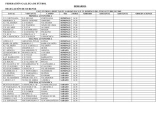 FEDERACIÒN GALLEGA DE FÙTBOL
                                                                  HORARIOS
  DELEGACIÒN DE OURENSE
                                  ENCUENTROS A DISPUTAR EL SABADO DIA 24 Y EL DOMINGO DIA 25 DE OCTUBRE DE 2009
    LOCAL              VISITANTE           CAMPO         DIA     HORA       ARBITRO       ASISTENTE        ASISTENTE   OBSERVACIONES
                           PRIMERA AUTONOMICA
C.F. CORTEGADA     S.D. MELIAS        CORTEGADA       DOMINGO 16.30
AMOEIRO C.F.       PONTE OURENSE      AMOEIRO         DOMINGO 16.30
AT. VILAMARIN      C.D. BARCO         VILAMARIN       DOMINGO 16.30
ANTELA C.F.        S.D. PADERNE       XINZO DE LIMIA  DOMINGO 17.00
C.D. ALLARIZ       C.D. CEA           ALLARIZ         DOMINGO 16.30
MASIDE C.F.        C.D. RAMIRANES     MASIDE          DOMINGO 16.30
POLIGONO S.C.      C.D.OURENSE “B”    POLIGONO        DOMINGO 16.30
C.D. RUA           A PEROXA C.F.      A RUA           DOMINGO 16.30
SDC A MANCHICA     S.D. VALENZA       A MANCHICA      DOMINGO 16.30
                           SEGUNDA AUTONOMICA
LOÑOA C.F.         ABELENDA PENAS LOÑOA               DOMINGO 16.30
BARRA DE MIÑO      RIBEIRO F.C.       BARRA DE MIÑO   DOMINGO 16.30
AT. VILARIÑO       A.C.D. CARTELLE    VILARIÑO        DOMINGO 16.30
C.F. QUINS         CRESPOS C.F.       QUINS           DOMINGO 16.30
AT. ARNOYA         SALAMONDE CF       ARNOYA          SABADO     16.30
CD ARENTEIRO “B    FRANCELOS F.C.     A UCEIRA        DOMINGO 16.30
LEIRO C.F.         C.D. VELLE         LEIRO           DOMINGO 16.30
S.AT. BARBANTES    C.D. TOEN          BARBANTES       DOMINGO 16.30
RIBADAVIA AT.      C.D. COLES         RIBADAVIA       DOMINGO 17.00
C.D. ROCAS         C.D. ALLARIZ “B”   ROCAS           DOMINGO 16.30
SP CELANOVA “B”    UD BARBADAS “B     A GANDARELA     DOMINGO 11.30
C.D. CUALEDRO      C.F. RIOS          CUALEDRO        DOMINGO 16.30
VILAR DE BARRIO    A SAINZA C.F.      VILAR BARRIO    DOMINGO 16.30
TRASMIRAS C.F.     C.F. MONTERREY     TRASMIRAS       DOMINGO 16.30
C.D. MUIÑOS        U.P. TABOADELA     MUIÑOS          SABADO     16.30
ENTRIMO F.C.       C.D. MACEDA        ENTRIMO         SABADO     16.30
S.D. VILARDEBOS    PIÑEIRA SECA FC    VILARDEBOS      SABADO     16.30
A MERCA C.F.       XUNQ. DE AMBIA     A MERCA         SABADO     16.30
                           TERCERA AUTONOMICA
MUNTIAN-MARAV.     A MANCHICA “B”     AS MARAVILLAS   SABADO     16.30
UP TABOADELA “B    SAN ROQUE VIL.     TABOADELA       SABADO     16.30
C.D. A BOLA        S.D. BANDE         A BOLA          SABADO     16.30
C.D. VIANA         U.D. LOBIOS        VIANA           SABADO     16.30
C.D. TRIVES        BOADO F.C.         TRIVES          SABADO     16.30
PARADA DO SIL CF   S.D. PORQUEIRA     PARADA DO SIL   SABADO     16.30
CORBELLE 1812      CALVOS RANDIN      BANDE           SABADO     16.30
C.D. ESPADANA      SOUTOPENEDO CF XUN.ESPADAÑEDO SABADO          16.30
 