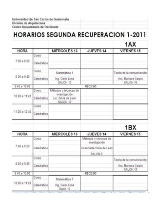 Horarios 2da Recuperacion 1Sem 2011
