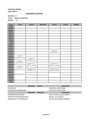 Ampliación Mérida
Lapso: 2017-1
INGENIERIA ELÉCTRICA
Semestre: 9
Turno: Diurno y Nocturno
Sección: A
Horas Lunes Martes Miércoles Jueves Viernes Sábado
07:00 am
07:45am
07:45 am
08:30 am
08:30am
09:15am
09:15 am
10:00a m
10:00 am
10:45 am
10:45 am
11:30am
11:30 am
12:15 pm
12:15 pm
01:00 pm
01:00 pm
01:45 pm
01:45 pm
02:30 pm
02:30 pm
03:15 pm
03:15 pm
04:00 pm
04:00 pm
04:45 pm
04:45 pm
05:30 pm
05:30 pm
06:15 pm
06:15 pm
07:00 pm
07:00 pm
07:45 pm
07:45 pm
08:30 pm
08:30 pm
09:15 pm
09:15 pm
10:00 pm
10:00 pm
10:45 pm
10:00 pm
11:00pm
Materia(s) Diurno Docente(s)
ELECTIVA VI UZCATEGUI JULIO CESAR
SISTEMA DE DISTRIBUCIÓN UZCATEGUI JULIO CESAR
Materia(s) Nocturno Docente(s)
CONTROLES ELÉCTRICOS Torres Perdomo Carlos Manuel
PROYECTO DE INVESTIGACIÓN Briceño Jose Maximo
ANÁLISIS SIST. DE POTENCIA II DAVILA SILVA OMAR FEDERICO
PROYECTO DE
INVESTIGACIÓN - P.A.
ANÁLISIS SIST. DE
POTENCIA II - LAB.FISICA
PROTECCIÓN DE SIST.
ELÉCTRICOS - AULAUFT3
PROYECTO DE
INVESTIGACIÓN - P.A.
SISTEMA DE
DISTRIBUCIÓN - AULAP15
SISTEMA DE
DISTRIBUCIÓN - AULAP12
CONTROLES ELÉCTRICOS -
SC
ANÁLISIS SIST. DE
POTENCIA II - LAB.FISICA
PROTECCIÓN DE SIST.
ELÉCTRICOS - AULA7
PROYECTO DE
INVESTIGACIÓN - P.A.
Verdadero
 