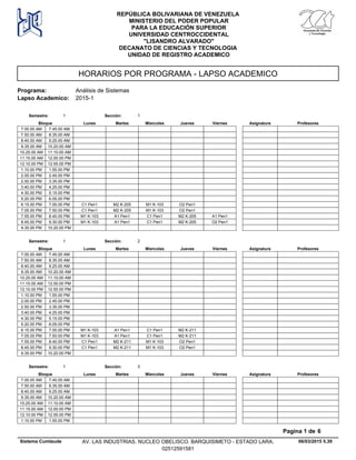 HORARIOS POR PROGRAMA - LAPSO ACADEMICO
Programa: Análisis de Sistemas
Lapso Academico: 2015-1
REPÚBLICA BOLIVARIANA DE VENEZUELA
MINISTERIO DEL PODER POPULAR
PARA LA EDUCACIÓN SUPERIOR
UNIVERSIDAD CENTROCCIDENTAL
"LISANDRO ALVARADO"
DECANATO DE CIENCIAS Y TECNOLOGIA
UNIDAD DE REGISTRO ACADEMICO
Lunes Miercoles Jueves ViernesMartesBloque ProfesoresAsignatura
Semestre: 1 Sección: 1
7.00.00 AM 7.45.00 AM
7.50.00 AM 8.35.00 AM
8.40.00 AM 9.25.00 AM
9.35.00 AM 10.20.00 AM
10.25.00 AM 11.10.00 AM
11.15.00 AM 12.00.00 PM
12.10.00 PM 12.55.00 PM
1.10.00 PM 1.55.00 PM
2.00.00 PM 2.45.00 PM
2.50.00 PM 3.35.00 PM
3.40.00 PM 4.25.00 PM
4.30.00 PM 5.15.00 PM
5.20.00 PM 6.05.00 PM
M2 K-205 M1 K-103 O2 Pen16.15.00 PM C1 Pen17.00.00 PM
M2 K-205 M1 K-103 O2 Pen17.05.00 PM C1 Pen17.50.00 PM
A1 Pen1 C1 Pen1 M2 K-205 A1 Pen17.55.00 PM M1 K-1038.40.00 PM
A1 Pen1 C1 Pen1 M2 K-205 O2 Pen18.45.00 PM M1 K-1039.30.00 PM
9.35.00 PM 10.20.00 PM
Lunes Miercoles Jueves ViernesMartesBloque ProfesoresAsignatura
Semestre: 1 Sección: 2
7.00.00 AM 7.45.00 AM
7.50.00 AM 8.35.00 AM
8.40.00 AM 9.25.00 AM
9.35.00 AM 10.20.00 AM
10.25.00 AM 11.10.00 AM
11.15.00 AM 12.00.00 PM
12.10.00 PM 12.55.00 PM
1.10.00 PM 1.55.00 PM
2.00.00 PM 2.45.00 PM
2.50.00 PM 3.35.00 PM
3.40.00 PM 4.25.00 PM
4.30.00 PM 5.15.00 PM
5.20.00 PM 6.05.00 PM
A1 Pen1 C1 Pen1 M2 K-2116.15.00 PM M1 K-1037.00.00 PM
A1 Pen1 C1 Pen1 M2 K-2117.05.00 PM M1 K-1037.50.00 PM
M2 K-211 M1 K-103 O2 Pen17.55.00 PM C1 Pen18.40.00 PM
M2 K-211 M1 K-103 O2 Pen18.45.00 PM C1 Pen19.30.00 PM
9.35.00 PM 10.20.00 PM
Lunes Miercoles Jueves ViernesMartesBloque ProfesoresAsignatura
Semestre: 1 Sección: 3
7.00.00 AM 7.45.00 AM
7.50.00 AM 8.35.00 AM
8.40.00 AM 9.25.00 AM
9.35.00 AM 10.20.00 AM
10.25.00 AM 11.10.00 AM
11.15.00 AM 12.00.00 PM
12.10.00 PM 12.55.00 PM
1.10.00 PM 1.55.00 PM
06/03/2015 5.39
Pagina 1 de 6
Sistema Cumlaude AV. LAS INDUSTRIAS. NUCLEO OBELISCO. BARQUISIMETO - ESTADO LARA.
02512591581
 
