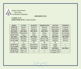 9
Instituto Santa María
San Carlos
Coordinador Pedagógico
HORARIOS 2014
CURSO: IIº B
PROFESOR JEFE: Esteban Padilla
HORA LUNES MARTES MIERCOLES JUEVES VIERNES
8:00-8:45 Música Química Historia Matemática Lenguaje
8:45-9:30 Música Química Historia Matemática Lenguaje
RECREO RECREO RECREO RECREO RECREO RECREO
9:50-10:35 Matemática Artes Física Biología Tecnología
10:35-11:20 Física Artes Física Química Tecnología
RECREO RECREO RECREO RECREO RECREO RECREO
11:30-12:15 Biología Lenguaje Matem. PSU Religión Historia
12:15-13:00 Biología Jefatura Matem. PSU Religión Historia
T A R D E
14:30-15:15 Inglés Matemática Lenguaje Inglés ---
15:15-16:00 Inglés Matemática Lenguaje Inglés ---
RECREO RECREO RECREO RECREO RECREO RECREO
16:10-16:55 Educ. Fís --- --- Lenguaje PSU
16:55-17:40 Educ. Fís --- --- Lenguaje PSU
 