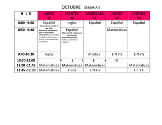 OCTUBRE SEMANA 9
H  D LUNES
19
MARTES
20
MIERCOLES
21
JUEVES
22
VIERNES
23
8:00 –8:50 Español
B1 Lección 19: escribo lo
que falta
Normas de participación
para el intercambio
comunicativo. Solicitudde
la palabra. Alternancia de
turnos yescucha atenta y
respetuosa.
Ingles Español Español Español
8:50 –9:40 Español
B1 Lección 20: ¿Qué hacen
los animales?
Sistema de escritura.
Verbos, sustantivos y
adjetivos.
Matemáticas
9:40-10:30 Ingles Artística. E N Y S E N Y S
10:30-11:00 R E C E S O
11:00 -11:45 Matemáticas Matemáticas Matemáticas Matemáticas
11:45 -12:30 Matemáticas Física E N Y S F C Y E
 