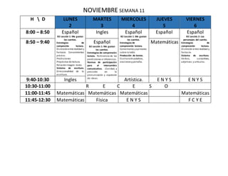NOVIEMBRE SEMANA 11
H  D LUNES
2
MARTES
3
MIERCOLES
4
JUEVES
5
VIERNES
6
8:00 – 8:50 Español
B2 Lección 1: Me gustan
los cuentos.
Estrategias de
compresión lectora.
Distinciónentre realidad y
fantasía. Conocimientos
previos.
Predicciones
Propósitos de lectura.
Relaciónimagen- texto.
Sistema de escritura.
Direccionalidad de la
escritura.
Ingles Español
B2 Lección 1: Me gustan
los cuentos.
Estrategias de
comprensión lectora.
Comentarios yopiniones
sobre loleído.
Producción de textos.
Escritura de palabras,
oracionesypárrafos.
Español Español
B2 Lección 2: Los
personajes del cuento.
Estrategias de
comprensión lectora.
Distinción entre realidad y
fantasía.
Sistema de escritura.
Verbos, sustantivos,
adjetivos y artículos.
8:50 – 9:40 Español
B2 Lección 1: Me gustan
los cuentos.
Estrategias de comprensión
lectora. Pertinencia de las
predicciones e inferencias.
Normas de participación
para el intercambio
comunicativo. Claridad, y
precisión en la
pronunciación y expresión
de ideas.
Matemáticas
9:40-10:30 Ingles Artística. E N Y S E N Y S
10:30-11:00 R E C E S O
11:00-11:45 Matemáticas Matemáticas Matemáticas Matemáticas
11:45-12:30 Matemáticas Física E N Y S F C Y E
 