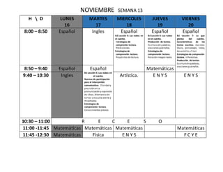 NOVIEMBRE SEMANA 13
H  D LUNES
16
MARTES
17
MIERCOLES
18
JUEVES
19
VIERNES
20
8:00 – 8:50 Español Ingles Español
B2 Lección 6: Las nubes en
el cuento.
Estrategias de
compresión lectora.
Predicciones.
Estrategias de
comprensión lectora.
Propósitos de lectura.
Español
B2 Lección 6: Las nubes
en el cuento.
Producción de textos.
Escritura de palabras,
oracionesypárrafos.
Estrategias de
comprensión lectora.
Relaciónimagen-texto.
Español
B2 Lección 7: Lo que
pienso del cuento.
Características de los
textos escritos. Cuentos:
título, personajes, inicio,
desarrollo y final.
Estrategias de compresión
lectora. Inferencias.
Producción de textos.
Escritura de palabras,
oracionesypárrafos.
8:50 – 9:40 Español Español
B2 Lección 6: Las nubes en
el cuento.
Normas de participación
para el intercambio
comunicativo. Claridady
precisiónenla
pronunciación yexpresión
de ideas. Alternancia de
turnos yescucha atenta y
respetuosa.
Estrategias de
comprensión lectora.
Conocimientos previos.
Matemáticas
9:40 – 10:30 Ingles Artística. E N Y S E N Y S
10:30 – 11:00 R E C E S O
11:00 -11:45 Matemáticas Matemáticas Matemáticas Matemáticas
11:45 -12:30 Matemáticas Física E N Y S F C Y E
 