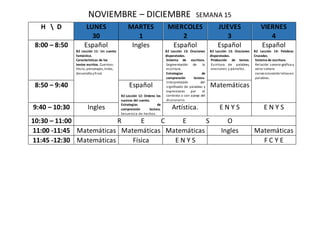 NOVIEMBRE – DICIEMBRE SEMANA 15
H  D LUNES
30
MARTES
1
MIERCOLES
2
JUEVES
3
VIERNES
4
8:00 – 8:50 Español
B2 Lección 11: Un cuento
fantástico.
Características de los
textos escritos. Cuentos:
título, personajes, inicio,
desarrolloyfinal.
Ingles Español
B2 Lección 13: Oraciones
disparatadas.
Sistema de escritura.
Segmentación de la
escritura.
Estrategias de
comprensión lectora.
Interpretación del
significado de palabras y
expresiones por el
contexto o con apoyo del
diccionario.
Español
B2 Lección 13: Oraciones
disparatadas.
Producción de textos.
Escritura de palabras,
oraciones y párrafos.
Español
B2 Lección 14: Palabras
Cruzadas.
Sistema de escritura.
Relación sonoro-gráfica y
valor sonoro
convencionalde letrasen
palabras.
8:50 – 9:40 Español
B2 Lección 12: Ordeno los
sucesos del cuento.
Estrategias de
comprensión lectora.
Secuencia de hechos.
Matemáticas
9:40 – 10:30 Ingles Artística. E N Y S E N Y S
10:30 – 11:00 R E C E S O
11:00 -11:45 Matemáticas Matemáticas Matemáticas Ingles Matemáticas
11:45 -12:30 Matemáticas Física E N Y S F C Y E
 