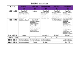 ENERO SEMANA 22
H  D LUNES
18
MARTES
19
MIERCOLES
20
JUEVES
21
VIERNES
22
8:00 – 8:50 Español
B3 Lección 4. A leer rimas.
Estrategias de compresión
lectora. Propósitos de
lectura.
Conocimientos previos.
Predicciones.
Pertinencia de las
predicciones e inferencias.
Ingles Español
B3 Lección 5. Imágenes
hechas con palabras.
Estrategias de
comprensión lectora.
Conocimientos previos.
Propósitos de lectura
Español
B3 Lección 6. Palabras y
más palabras.
Interpretaciónde palabras
y expresiones a partir del
significadoglobaly
específico.
Español
B3 Lección 6. Palabras y
más palabras.
Características de los
textos escritos. Libros y
revistas:título, portada,
subtítulos, índice, páginas,
cuerpo, apoyos, gráficos,
contraportada.
Estrategias de
comprensión lectora.
Localización de
informaciónexplicita.
Inferencias. Predicciones.
Propósitode lectura.
Localización de
informaciónexplicita.
Inferencias.
Relaciónimagen – texto.
Pertenencia de las
predicciones e inferencias.
8:50 – 9:40 Español
B3 Lección 4. A leer rimas.
Interpretación de
palabras y expresiones a
partir del significado
global y específico.
Producción de textos.
Escritura de palabras,
oraciones y párrafos.
Escritura, revisióny
correccióndel borrador.
Matemáticas
9:40 – 10:30 Ingles Artística. E N Y S E N Y S
10:30 – 11:00 R E C E S O
11:00 -11:45 Matemáticas Matemáticas Matemáticas Matemáticas
11:45 -12:30 Matemáticas Física E N Y S F C Y E
 