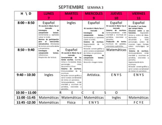 SEPTIEMBRE SEMANA 3
H  D LUNES
7
MARTES
8
MIERCOLES
9
JUEVES
10
VIERNES
11
8:00 – 8:50 Español
B1 Lección 6: María fue al
mercado.
Estrategias de
comprensión lectora.
Comentarios y opiniones
sobre lo leído.
Normas de participación
para el intercambio
comunicativo. Alternancia
de turnos yescucha atenta
y respetuosa.
Estrategias de
comprensión lectora.
Inferencias.
Propósitos de lectura.
Ingles Español
B1 Lección 6: María fue al
mercado
Estrategias de
comprensión lectora.
Comentarios y opiniones
sobre lo leído.
Sistema de escritura.
Segmentación de la
escritura.
Relación sonoro-gráfica y
valor sonoro convencional
de letras en palabras.
Estrategias de
comprensión lectora.
Inferencias.
Relación imagen-texto.
Español
B1 Lección 6: María fue al
mercado
Sistema de escritura.
Correspondencia entre
oralidad y escritura en
palabras, oraciones y
párrafos.
Producción de textos.
Escritura de palabras,
oraciones y párrafos.
Español
B1 Lección 7: Las frutas
que compró María.
Discursos orales y sus
funciones. Exposición:
temas y orden de ideas.
Narración: inicio,
desarrollo y final;
personajes; orden de
sucesos: lugar, tiempo;
orden cronológico en
cuentos.
Sistema de escritura.
Correspondencia entre
oralidad y escritura en
palabras, oraciones y
párrafos.
Segmentaciónde la
escritura.
Relación sonoro-gráfica y
valor sonoro convencional
de letras en palabras.
8:50 – 9:40 Español
B1 Lección 6: María fue al
mercado
Características de los
textos escritos. Cuentos,
mitos e historieta: título,
personajes, inicio,
desarrollo y final.
Sistema de escritura.
Direccionalidad de la
escritura.
Relación sonoro-gráfica y
valor sonoro convencional
de letras en palabras.
Correspondencia entre
oralidad y escritura en
palabras, oraciones y
párrafos.
Matemáticas
9:40 – 10:30 Ingles Artística. E N Y S E N Y S
10:30 – 11:00 R E C E S O
11:00 -11:45 Matemáticas Matemáticas Matemáticas Ingles Matemáticas
11:45 -12:30 Matemáticas Física E N Y S F C Y E
 