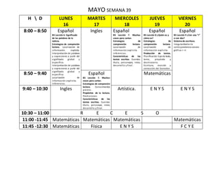 MAYO SEMANA 39
H  D LUNES
16
MARTES
17
MIERCOLES
18
JUEVES
19
VIERNES
20
8:00 – 8:50 Español
B5 Lección 6. Significado
de las palabras de la
noticia.
Estrategias de compresión
lectora. Localización de
información explicita.
Interpretación de palabras
y expresiones a partir del
significado global y
específico.
Interpretación de palabras
y expresiones a partir del
significado global y
específico.
Localización de
información explicita.
Inferencias.
Ingles Español
B5 Lección 7. Muchas
voces para cantar.
Estrategias de
comprensión lectora.
Localización de
información explicita.
Inferencias.
Características de los
textos escritos. Cuentos:
título, personajes, inicio,
desarrollo y final.
Español
B5 Lección 8 ¿Quién es y
cómo es?
Estrategias de
comprensión lectora.
Localización de
información explicita.
Producción de textos.
Planificación:tipode texto,
tema, propósito y
destinatario.
Escritura, revisión y
corrección del borrador.
Español
B5 Lección 9 ¿Con una “r”
o con dos?
Sistema de escritura.
Irregularidadenla
correspondencia sonora-
gráfica:r- rr.
8:50 – 9:40 Español
B5 Lección 7. Muchas
voces para cantar.
Estrategias de compresión
lectora. Conocimientos
previos.
Propósitos de la lectura.
Predicciones.
Características de los
textos escritos. Cuentos:
título, personaje, inicio,
desarrollo y final.
Matemáticas
9:40 – 10:30 Ingles Artística. E N Y S E N Y S
10:30 – 11:00 R E C E S O
11:00 -11:45 Matemáticas Matemáticas Matemáticas Matemáticas
11:45 -12:30 Matemáticas Física E N Y S F C Y E
 