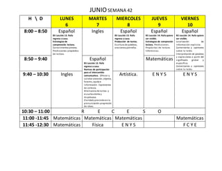 JUNIOSEMANA 42
H  D LUNES
6
MARTES
7
MIERCOLES
8
JUEVES
9
VIERNES
10
8:00 – 8:50 Español
B5 Lección 13. Rafa
regresa a casa.
Estrategias de
comprensión lectora.
Conocimientos previos.
Predicciones:propósitos
de lectura.
Ingles Español
B5 Lección 13. Rafa
regresa a casa.
Producción de textos.
Escritura de palabras,
oracionesypárrafos.
Español
B5 Lección 14. Rafa quiere
ser visible.
Estrategias de compresión
lectora. Predicciones.
Propósitos de lectura.
Inferencias.
Español
B5 Lección 14. Rafa quiere
ser visible.
Localización de
información explicita.
Comentarios y opiniones
sobre lo leído.
Interpretación de palabras
y expresiones a partir del
significado global y
específico.
Comentarios u opiniones
sobre lo leído.
8:50 – 9:40 Español
B5 Lección 13. Rafa
regresa a casa.
Normas de participación
para el intercambio
comunicativo. Ofrecer y
solicitar atención, objetos,
favores, ayuda e
información. Expresiones
de cortesía.
Alternancia de turnos y
escucha atenta y
respetuosa.
Claridadyprecisiónenla
pronunciación yexpresión
de ideas.
Matemáticas
9:40 – 10:30 Ingles Artística. E N Y S E N Y S
10:30 – 11:00 R E C E S O
11:00 -11:45 Matemáticas Matemáticas Matemáticas Matemáticas
11:45 -12:30 Matemáticas Física E N Y S F C Y E
 