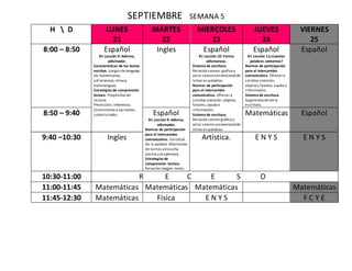 SEPTIEMBRE SEMANA 5
H  D LUNES
21
MARTES
22
MIERCOLES
23
JUEVES
24
VIERNES
25
8:00 – 8:50 Español
B1 Lección 9: Adivina,
adivinador.
Características de los textos
escritos. Juegos de lenguaje:
de repeticiones,
adivinanzas, rimasy
trabalenguas.
Estrategias de comprensión
lectora. Propósitos de
lectura.
Predicción. Inferencia.
Comentarios yopiniones
sobre loleído.
Ingles Español
B1 Lección 10: Forma
adivinanzas.
Sistema de escritura.
Relaciónsonoro- gráfica y
valor sonoroconvencionalde
letras enpalabras.
Normas de participación
para el intercambio
comunicativo. Ofrecer y
solicitar atención, objetos,
favores, ayuda e
información.
Sistema de escritura.
Relaciónsonoro-gráfica y
valor sonoroconvencionalde
letras enpalabras.
Español
B1 Lección 11¿Cuántas
palabras contamos?
Normas de participación
para el intercambio
comunicativo. Ofrecer y
solicitar atención,
objetos, favores, ayuda e
información.
Sistema de escritura.
Segmentaciónde la
escritura.
Español
8:50 – 9:40 Español
B1 Lección 9: Adivina,
adivinador.
Normas de participación
para el intercambio
comunicativo. Solicitud
de la palabra. Alternancia
de turnos yescucha
atenta yrespetuosa.
Estrategias de
comprensión lectora.
Relaciónimagen- texto.
Matemáticas Español
9:40 –10:30 Ingles Artística. E N Y S E N Y S
10:30-11:00 R E C E S O
11:00-11:45 Matemáticas Matemáticas Matemáticas Matemáticas
11:45-12:30 Matemáticas Física E N Y S F C Y E
 