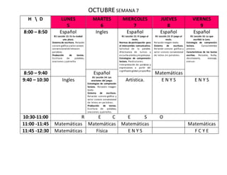 OCTUBRE SEMANA 7
H  D LUNES
5
MARTES
6
MIERCOLES
7
JUEVES
8
VIERNES
9
8:00 – 8:50 Español
B1 Lección 13: En la ciudad
una plaza.
Sistema de escritura. Relación
sonoro-gráfica yvalor sonoro
convencionalde letrasen
palabras.
Producción de textos.
Escritura de palabras,
oraciones y párrafos
Ingles Español
B1 Lección 15: El juego al
revés.
Normas de participación para
el intercambio comunicativo.
Solicitud de la palabra.
Alternancia de turnos y
escucha atenta yrespetuosa.
Estrategias de comprensión
lectora. Predicciones.
Interpretación de palabras y
expresiones a partir del
significado global yespecífico.
Español
B1 Lección 15: El juego al
revés.
Relaciónimagen-texto.
Sistema de escritura.
Relación sonoro- gráfica y
valor sonoro convencional
de letras en palabras.
Español
B1 Lección 16: Lo que
escribió la Lora.
Estrategia de compresión
lectora. Conocimientos
previos.
Características de los textos
escritos. Recados, fecha,
destinatario, mensaje,
emisor.
8:50 – 9:40 Español
B1 Lección 14: Las
oraciones del juego.
Estrategias de compresión
lectora. Relación imagen-
texto.
Sistema de escritura.
Relación sonoro-gráfica y
valor sonoro convencional
de letras en palabras.
Producción de textos.
Escritura de palabras,
oraciones y párrafos.
Matemáticas
9:40 – 10:30 Ingles Artística. E N Y S E N Y S
10:30-11:00 R E C E S O
11:00 -11:45 Matemáticas Matemáticas Matemáticas Matemáticas
11:45 -12:30 Matemáticas Física E N Y S F C Y E
 