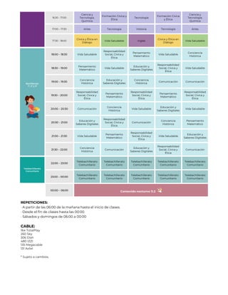 16:30 - 17:00
Ciencia y
Tecnología.
Química
Formación Cívica y
Ética
Tecnología
Formación Cívica
y Ética
Ciencia y
Tecnología.
Química
17:00 – 17:30 Artes Tecnología Historia Tecnología Artes
17:30 - 18:00
Cívica y Ética en
Diálogo
Vida Saludable Inglés
Cívica y Ética en
Diálogo
Vida Saludable
Bachillerato
1º, 2º y 3º
18:00 – 18:30 Vida Saludable
Responsabilidad
Social, Cívica y
Ética
Pensamiento
Matemático
Vida Saludable
Conciencia
Histórica
18:30 – 19:00
Pensamiento
Matemático
Vida Saludable
Educación y
Saberes Digitales
Responsabilidad
Social, Cívica y
Ética
Vida Saludable
19:00 – 19:30
Conciencia
Histórica
Educación y
Saberes Digitales
Conciencia
Histórica
Comunicación Comunicación
19:30 – 20:00
Responsabilidad
Social, Cívica y
Ética
Pensamiento
Matemático
Responsabilidad
Social, Cívica y
Ética
Pensamiento
Matemático
Responsabilidad
Social, Cívica y
Ética
20:00 – 20:30 Comunicación
Conciencia
Histórica
Vida Saludable
Educación y
Saberes Digitales
Vida Saludable
20:30 – 21:00
Educación y
Saberes Digitales
Responsabilidad
Social, Cívica y
Ética
Comunicación
Conciencia
Histórica
Pensamiento
Matemático
21:00 – 21:30 Vida Saludable
Pensamiento
Matemático
Responsabilidad
Social, Cívica y
Ética
Vida Saludable
Educación y
Saberes Digitales
21:30 – 22:00
Conciencia
Histórica
Comunicación
Educación y
Saberes Digitales
Responsabilidad
Social, Cívica y
Ética
Comunicación
Telebachillerato
Comunitario
22:00 – 23:00
Telebachillerato
Comunitario
Telebachillerato
Comunitario
Telebachillerato
Comunitario
Telebachillerato
Comunitario
Telebachillerato
Comunitario
23:00 – 00:00
Telebachillerato
Comunitario
Telebachillerato
Comunitario
Telebachillerato
Comunitario
Telebachillerato
Comunitario
Telebachillerato
Comunitario
00:00 – 06:00 Contenido nocturno 11.2
REPETICIONES:
· A partir de las 06:00 de la mañana hasta el inicio de clases.
· Desde el fin de clases hasta las 00:00
· Sábados y domingos de 06:00 a 00:00
CABLE:
164 TotalPlay
260 Sky
306 Dish
480 IZZI
135 Megacable
131 Axtel
* Sujeto a cambios.
 