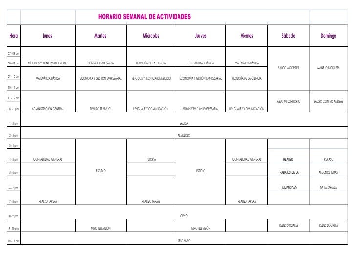 Horario Semanal De Actividades calendario estudio semanal