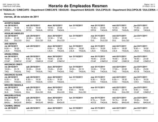 ESP, Version 5.2.0.104                                                                                                                            Pàgina 1 de 11
  CINEPOLIS CHETUMAL                             Horario de Empleados Resmen                                                                      27/10/2011 23:19

nt TAQUILLA / CINECAFE - Department CINECAFE / BAGUIS - Department BAGUIS / DULCIPOLIS - Department DULCIPOLIS / DULCERIA - D
   Semana de:
   viernes, 28 de octubre de 2011

    ACOSTA DIANA
    vie 28/10/2011         sáb 29/10/2011        dom 30/10/2011        lun 31/10/2011        mar 01/11/2011        mié 02/11/2011        jue 03/11/2011
    10:30
     --------- 16:00       10:30
                            --------- 16:00      16:00
                                                  --------- 23:00       ---------            16:30
                                                                                              --------- 23:00      10:30
                                                                                                                    --------- 16:30      17:00
                                                                                                                                          --------- 22:30
    DPO2       TAQUILLA    DPO2       TAQUILLA   DPO2       TAQUILLA                         DPO2       TAQUILLA   DPO2       TAQUILLA   DPO2       TAQUILLA
    AGUILAR ANGELES
    vie 28/10/2011      sáb 29/10/2011      dom 30/10/2011      lun 31/10/2011               mar 01/11/2011      mié 02/11/2011      jue 03/11/2011
    19:00
     --------- 23:30    16:30
                         --------- 23:30    10:30
                                             --------- 17:45     ---------                   17:00
                                                                                              --------- 23:30    12:00
                                                                                                                  --------- 20:00     ---------
    DUL        DULCERIA DUL        DULCERIA DUL        DULCERIA                              DUL        DULCERIA DUL        DULCERIA
    AKE BENITO
    vie 28/10/2011         sáb 29/10/2011        dom 30/10/2011        lun 31/10/2011        mar 01/11/2011        mié 02/11/2011        jue 03/11/2011
    8:00
     --------- 16:00        ---------            8:00
                                                  --------- 16:00      8:00
                                                                        --------- 16:00      8:00
                                                                                              --------- 16:00      8:00
                                                                                                                    --------- 16:00      8:00
                                                                                                                                          --------- 16:00
    LSLS       TAQUILLA                          LSLS       TAQUILLA   LSLS       TAQUILLA   LSLS       TAQUILLA   LSLS       TAQUILLA   LSLS       TAQUILLA
    ARANA ERIKA
    vie 28/10/2011      sáb 29/10/2011      dom 30/10/2011      lun 31/10/2011               mar 01/11/2011      mié 02/11/2011      jue 03/11/2011
    16:00
     --------- 23:15    9:30
                         --------- 16:30    16:00
                                             --------- 23:30     ---------                   16:00
                                                                                              --------- 23:30    16:00
                                                                                                                  --------- 23:30    16:00
                                                                                                                                      --------- 23:30
    CCAF       CINECAFE CCAF       CINECAFE CCAF       CINECAFE                              CCAF       CINECAFE CCAF       CINECAFE CCAF       CINECAFE
    ASCENCIO CRISTI
    vie 28/10/2011         sáb 29/10/2011        dom 30/10/2011        lun 31/10/2011        mar 01/11/2011        mié 02/11/2011        jue 03/11/2011
    19:00
     --------- 23:15       16:00
                            --------- 23:00      15:45
                                                  --------- 23:00      18:00
                                                                        --------- 23:15      10:00
                                                                                              --------- 17:30      17:00
                                                                                                                    --------- 23:00      15:45
                                                                                                                                          --------- 23:00
    TAQ        TAQUILLA    TAQ        TAQUILLA   TAQ        TAQUILLA   TAQ        TAQUILLA   TAQ        TAQUILLA   TAQ        TAQUILLA   ACCE       TAQUILLA
    ASCENCIO OLIVIA
    vie 28/10/2011         sáb 29/10/2011        dom 30/10/2011        lun 31/10/2011        mar 01/11/2011        mié 02/11/2011        jue 03/11/2011
    9:30
     --------- 16:30       8:30
                            --------- 16:30      8:30
                                                  --------- 16:30       ---------            9:30
                                                                                              --------- 16:30      9:30
                                                                                                                    --------- 16:30      9:30
                                                                                                                                          --------- 16:30
    COCI       TAQUILLA    COCI       TAQUILLA   COCI       TAQUILLA                         COCI       TAQUILLA   COCI       TAQUILLA   COCI       TAQUILLA
    BRICEÑO MANOLA
    vie 28/10/2011         sáb 29/10/2011      dom 30/10/2011      lun 31/10/2011      mar 01/11/2011              mié 02/11/2011      jue 03/11/2011
    7:00
     --------- 14:00       16:15
                            --------- 23:15    10:30
                                                --------- 18:00    8:00
                                                                    --------- 16:00     ---------                  16:30
                                                                                                                    --------- 23:15    9:00
                                                                                                                                        --------- 14:00
    SLS        TAQUILLA    DUL        DULCERIA DUL        DULCERIA DUL        DULCERIA                             DUL        DULCERIA CCAF       CINECAFE
    BRICEÑO STEVE
    vie 28/10/2011         sáb 29/10/2011        dom 30/10/2011        lun 31/10/2011        mar 01/11/2011        mié 02/11/2011        jue 03/11/2011
    9:30
     --------- 16:30       9:30
                            --------- 16:30      15:45
                                                  --------- 23:15       ---------            8:15
                                                                                              --------- 15:45      16:15
                                                                                                                    --------- 23:30      10:00
                                                                                                                                          --------- 15:30
    BAGU       BAGUIS      BAGU       BAGUIS     BAGU       BAGUIS                           ACCE       TAQUILLA   BAGU       BAGUIS     BAGU       BAGUIS
    CAAMAL DIEGO
    vie 28/10/2011         sáb 29/10/2011        dom 30/10/2011        lun 31/10/2011        mar 01/11/2011        mié 02/11/2011        jue 03/11/2011
     ---------              ---------             ---------             ---------             ---------             ---------             ---------
 