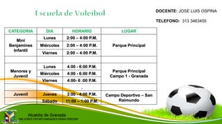 DOCENTE: JOSE LUIS OSPINA
TELEFONO: 313 3463455
CATEGORIA DIA HORARIO LUGAR
Mini
Benjamines
Infantil
Lunes 2:00 – 4:00 P.M.
Parque PrincipalMiércoles 2:00 – 4:00 P.M.
Viernes 2:00 – 4:00 P.M.
Menores y
Juvenil
Lunes 4:00 - 6:00 P.M.
Parque Principal
Campo 1 - Granada
Miércoles 4:00 - 6:00 P.M.
Viernes 4:00- 6 :00 P.M.
.
Juvenil Jueves 2:00 - 4:00 P.M. Campo Deportivo – San
RaimundoSábado 11:00 – 1:00 P.M.
Alcaldía de Granada
“MEJORES OPORTUNIDADES PARA CRECER
 